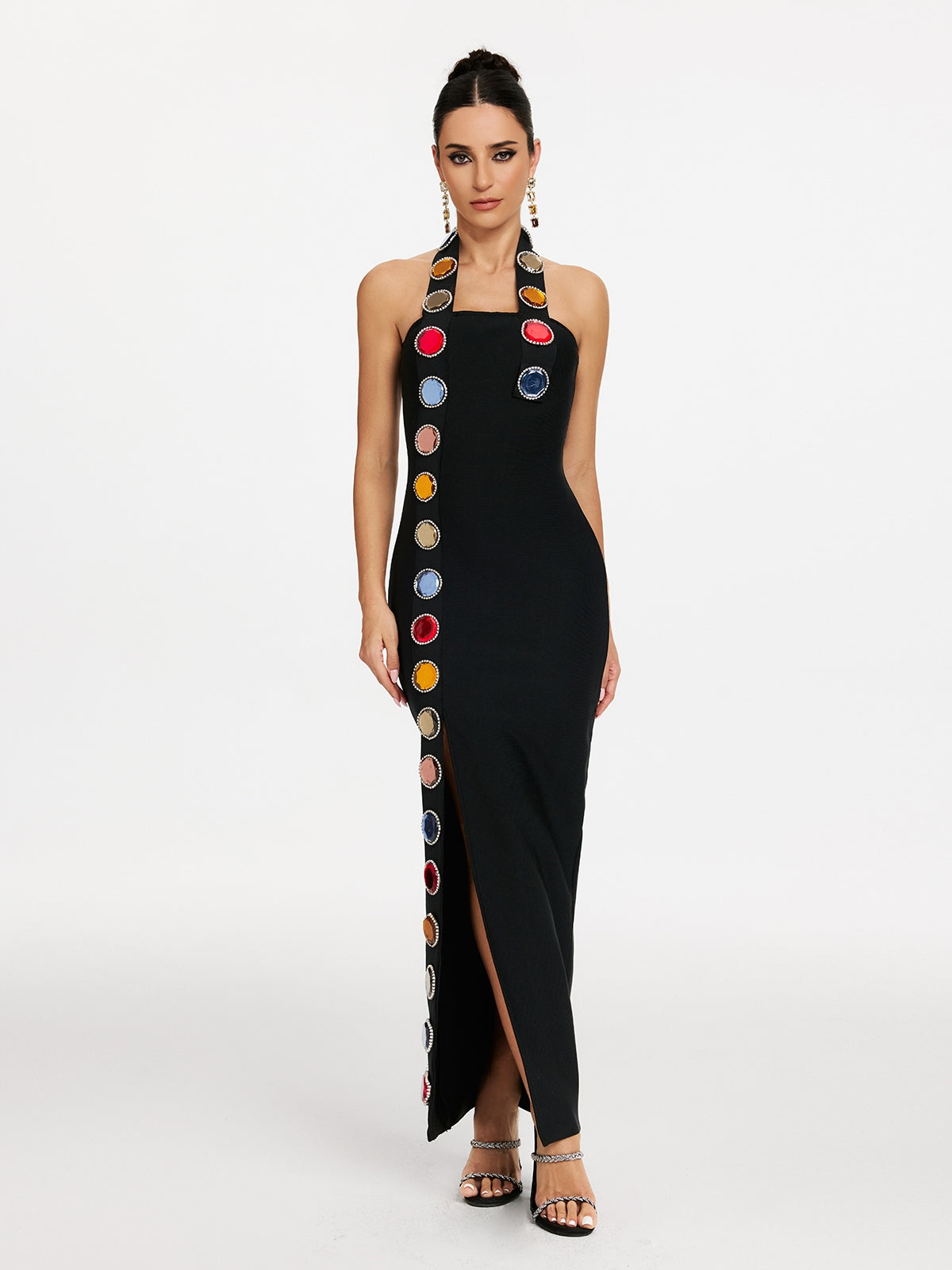 Halter Neck Cabochon Stone Trim High Split Bandage Maxi Dress - View 2