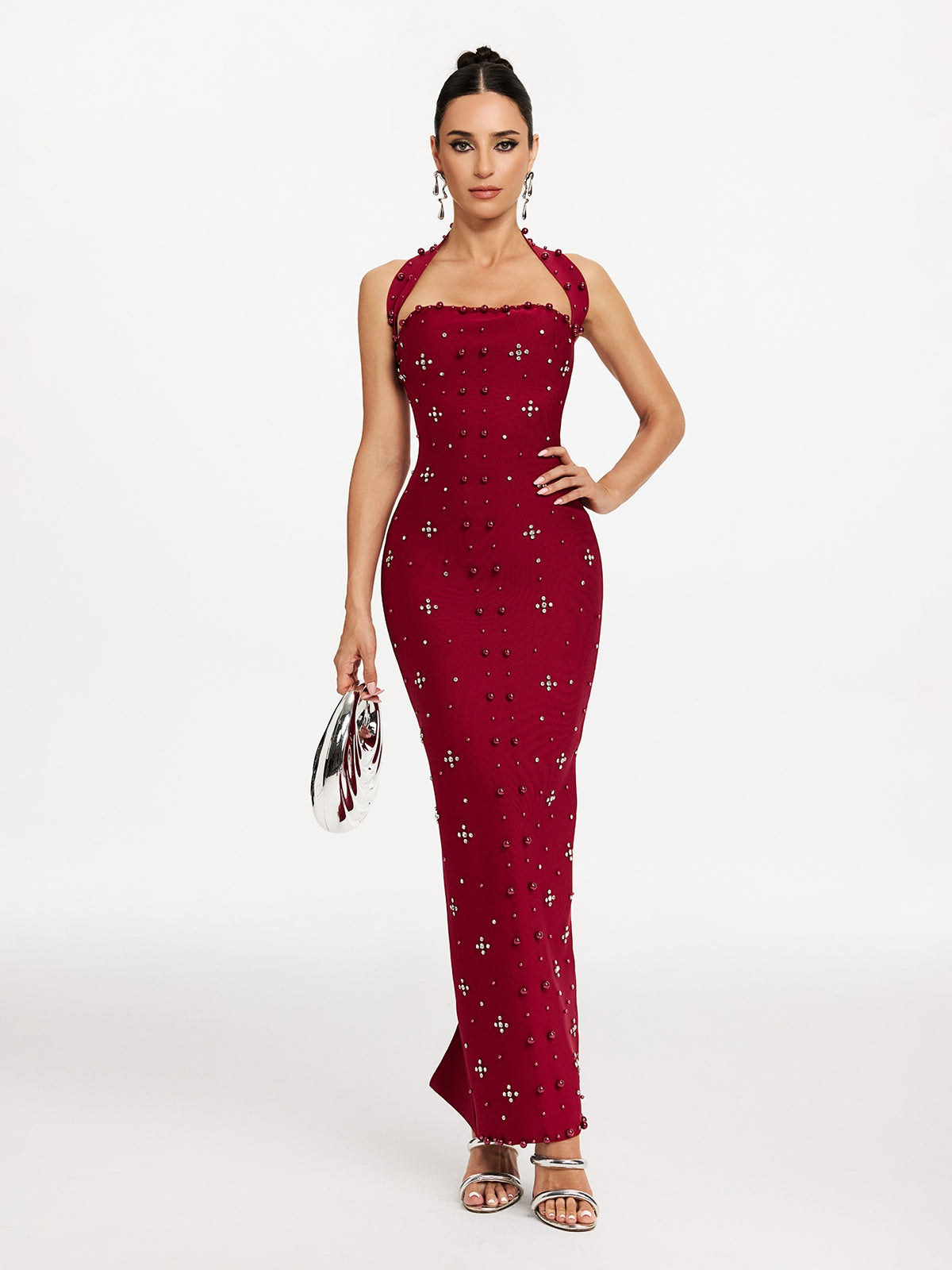 Halter Neck Pearl Rhinestone Bandage Mermaid Maxi Gown