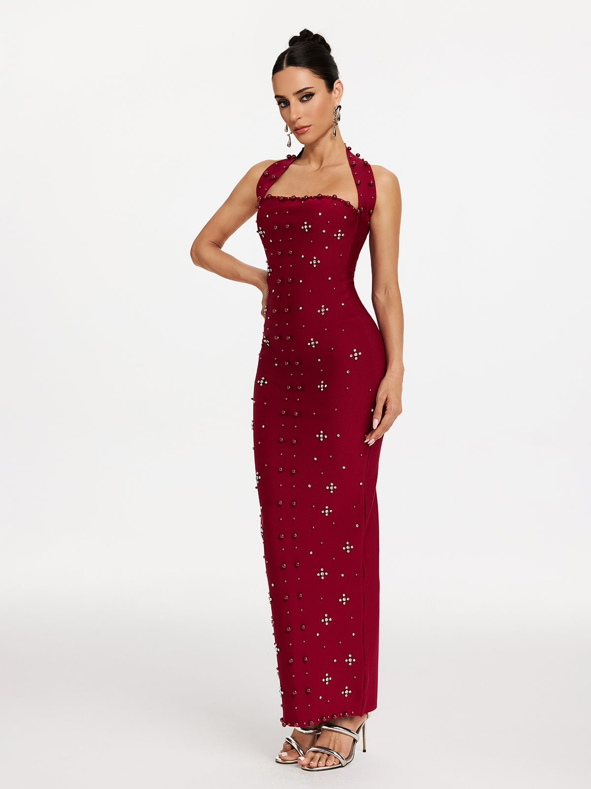 Halter Neck Pearl Rhinestone Bandage Mermaid Maxi Gown - View 5