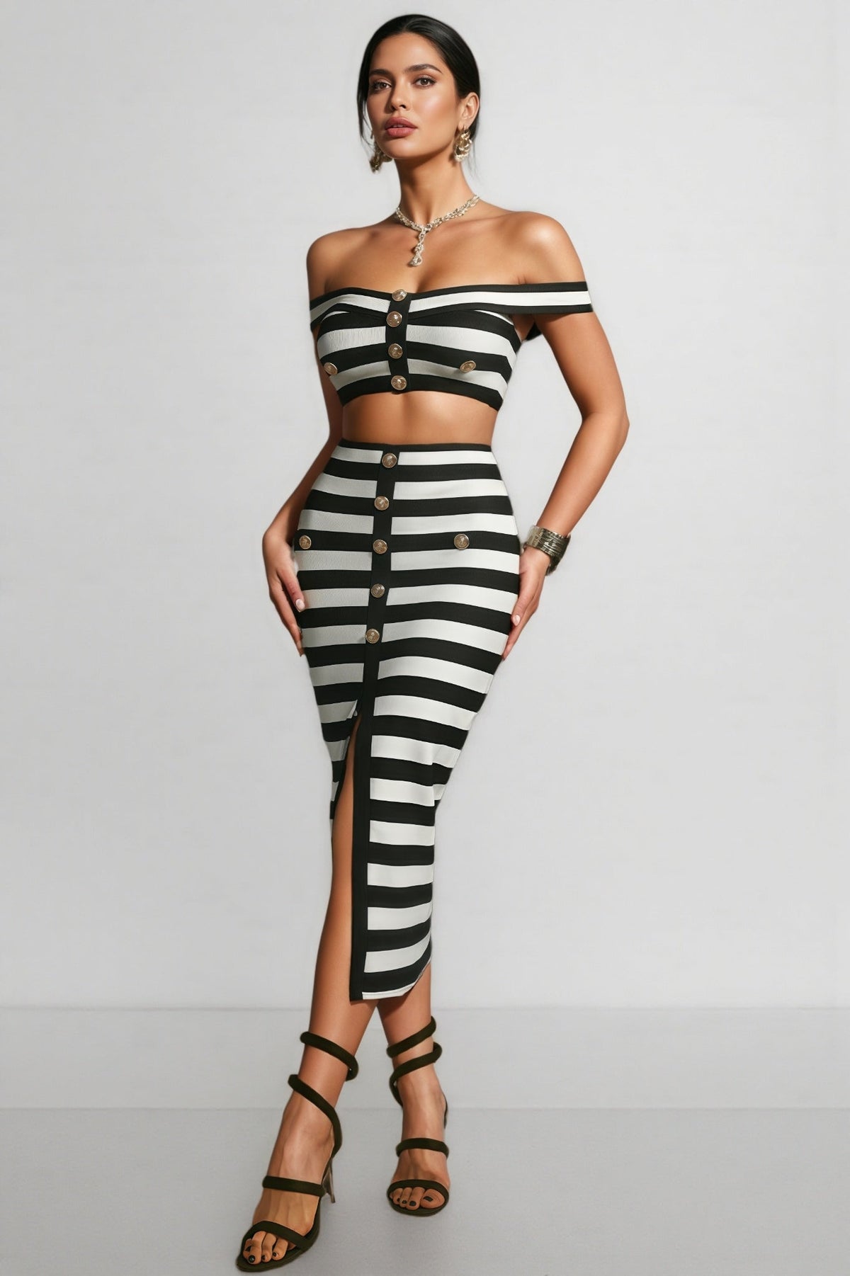 Dravlk Off Shoulder Bandage Midi Dress Set - View 2