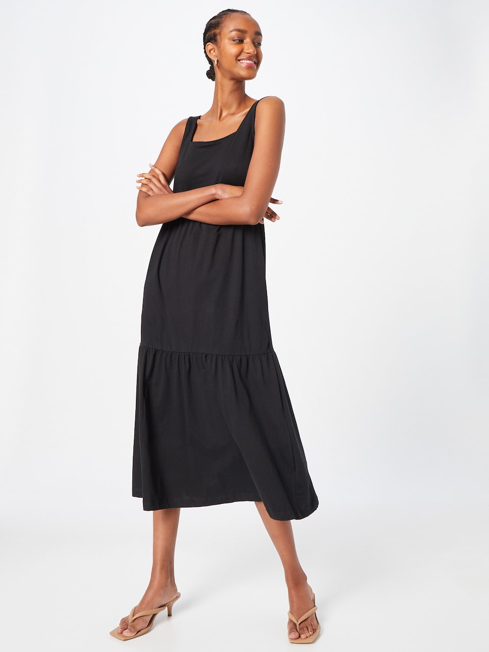 Square Neck Wide Strap Sleeveless Tiered Knit Midi Summer Dress - View 2