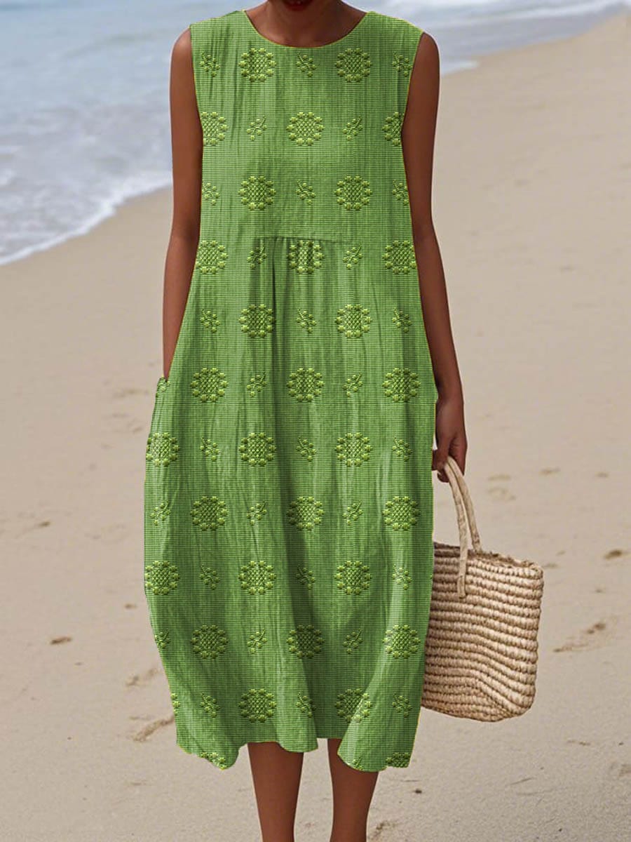 Sleeveless Textured Pocket A-Line Midi Dress