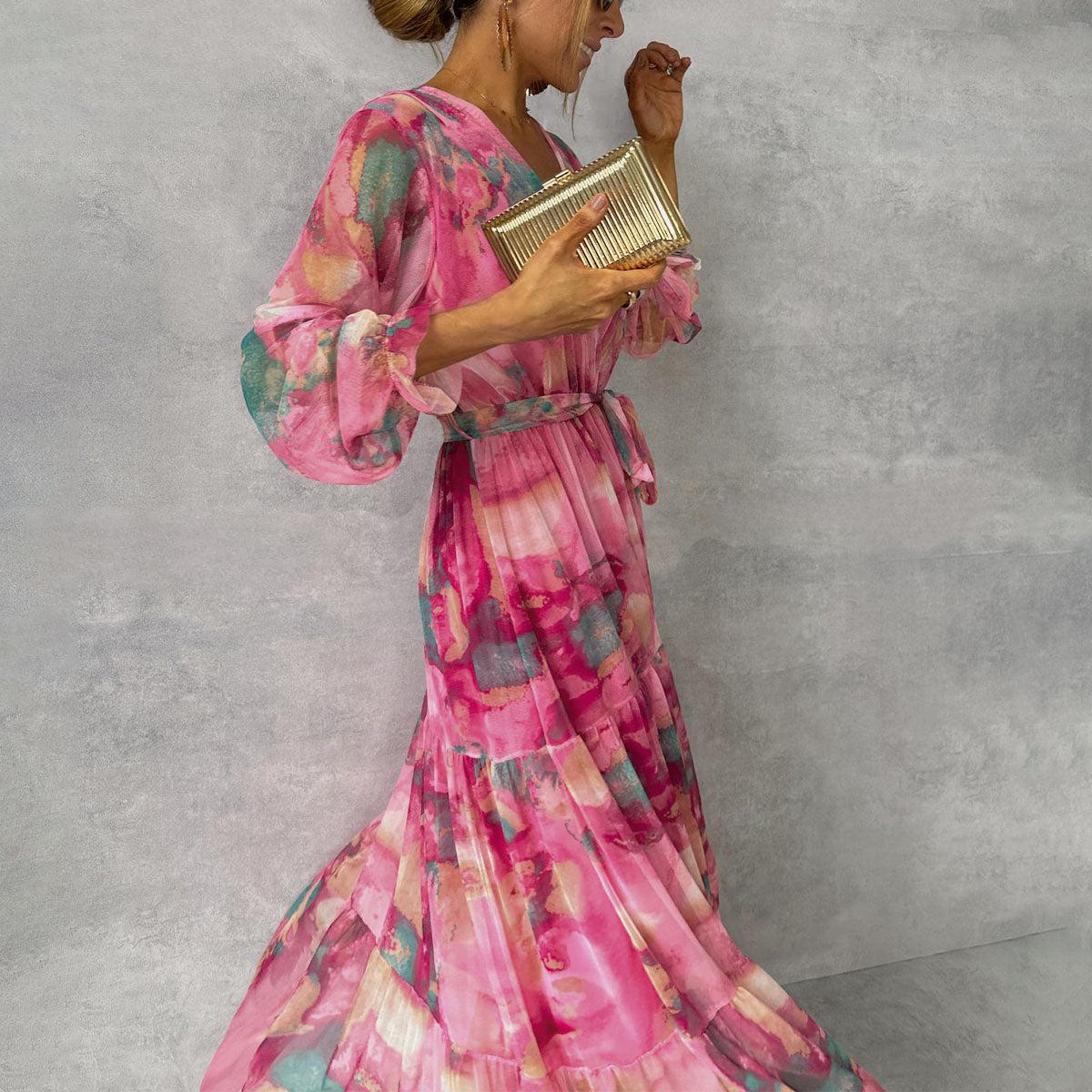 Floral Chiffon V-Neck Long Sleeve Tiered Belted Maxi Dress 3