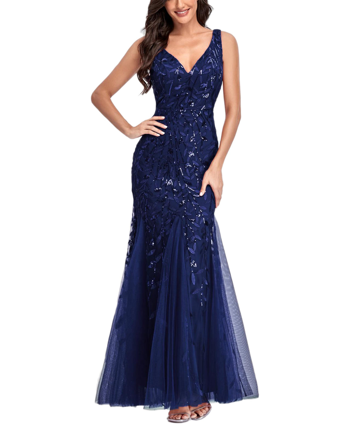 Sequin V-Neck Sleeveless Tulle Mermaid Gown