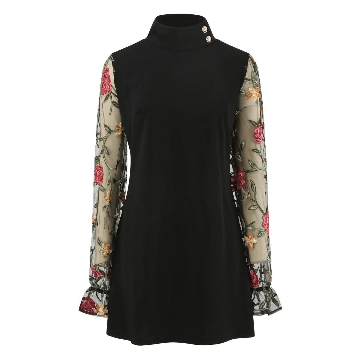 Mesh Floral Embroidery Mock Neck Lantern Sleeve Ruffle Cuff Mini Dress