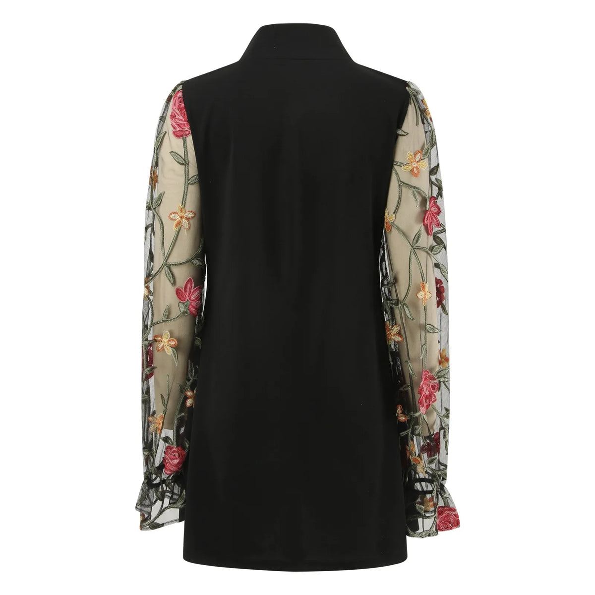 Mesh Floral Embroidery Mock Neck Lantern Sleeve Ruffle Cuff Mini Dress - View 2