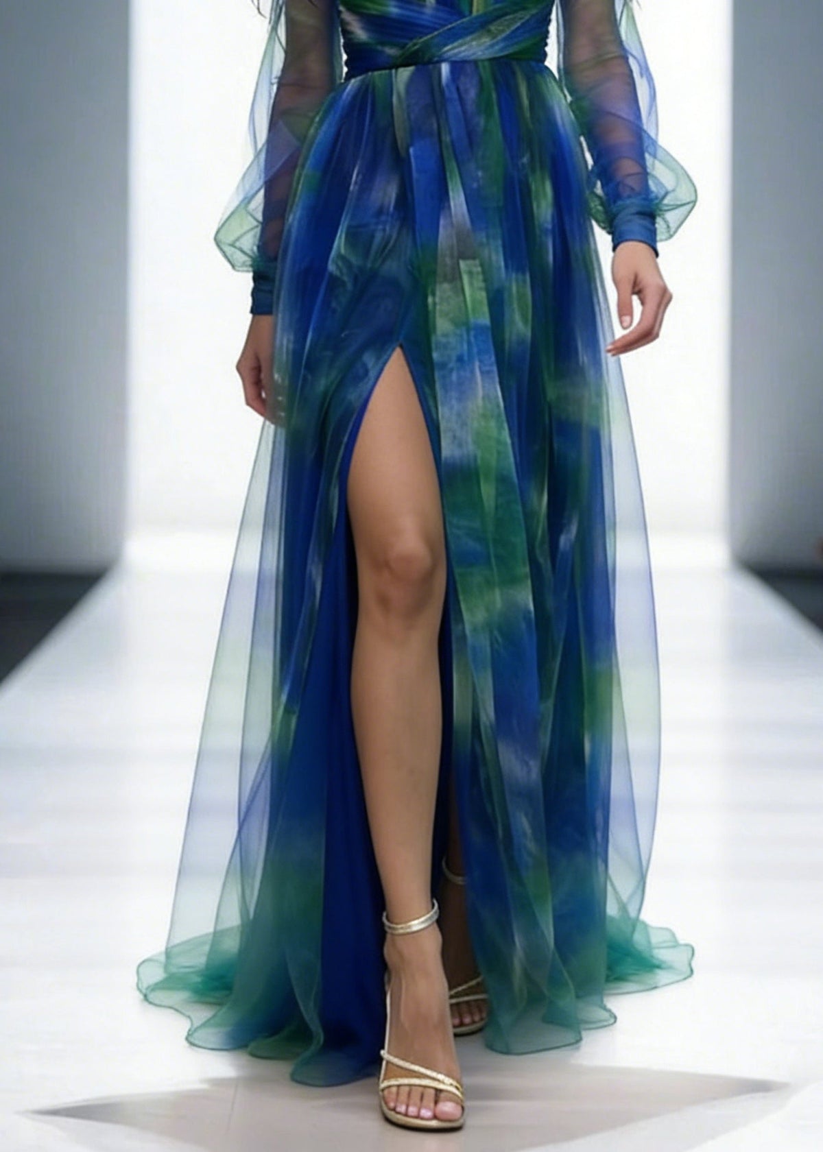 Tulle Off Shoulder Long Sleeve High Split Pleated Maxi Evening Dress - View 4