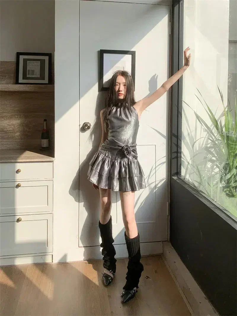 Metallic Halter Neck Sleeveless Rosette Tiered Ruffle Mini Party Dress - View 2