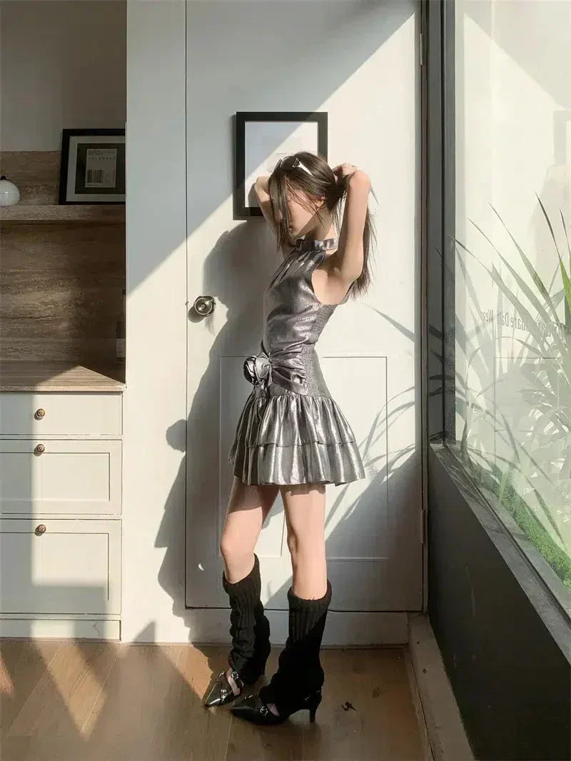 Metallic Halter Neck Sleeveless Rosette Tiered Ruffle Mini Party Dress - View 3