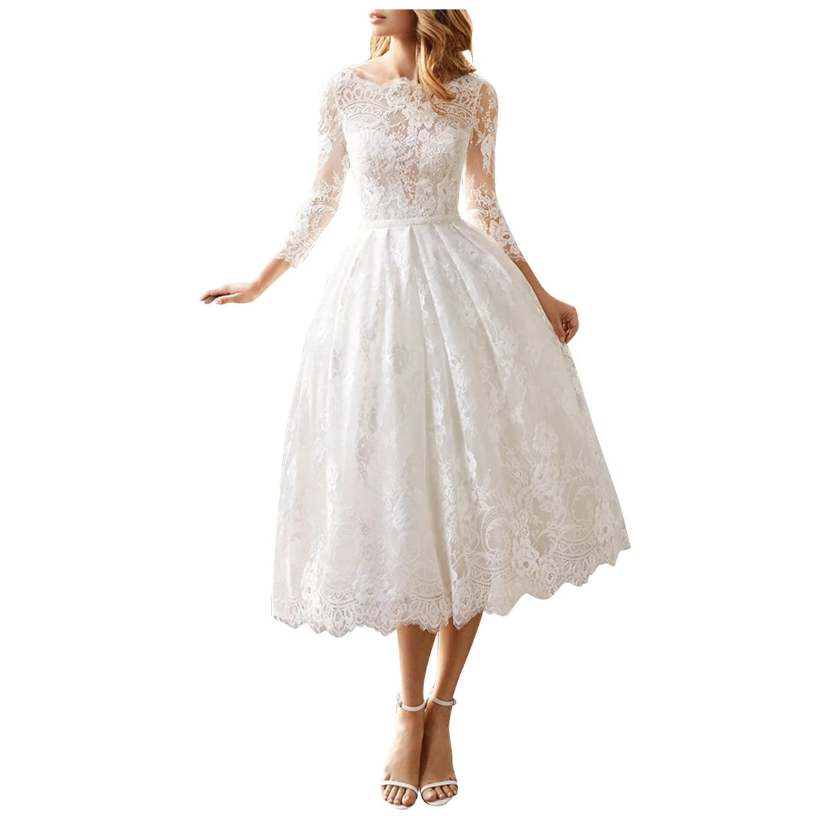 Long Sleeved Backless Slim Fitting White Lace Midi Dress - View 4