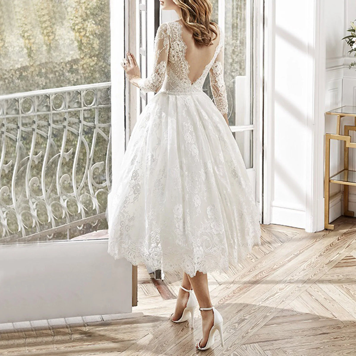 Long Sleeved Backless Slim Fitting White Lace Midi Dress - View 2