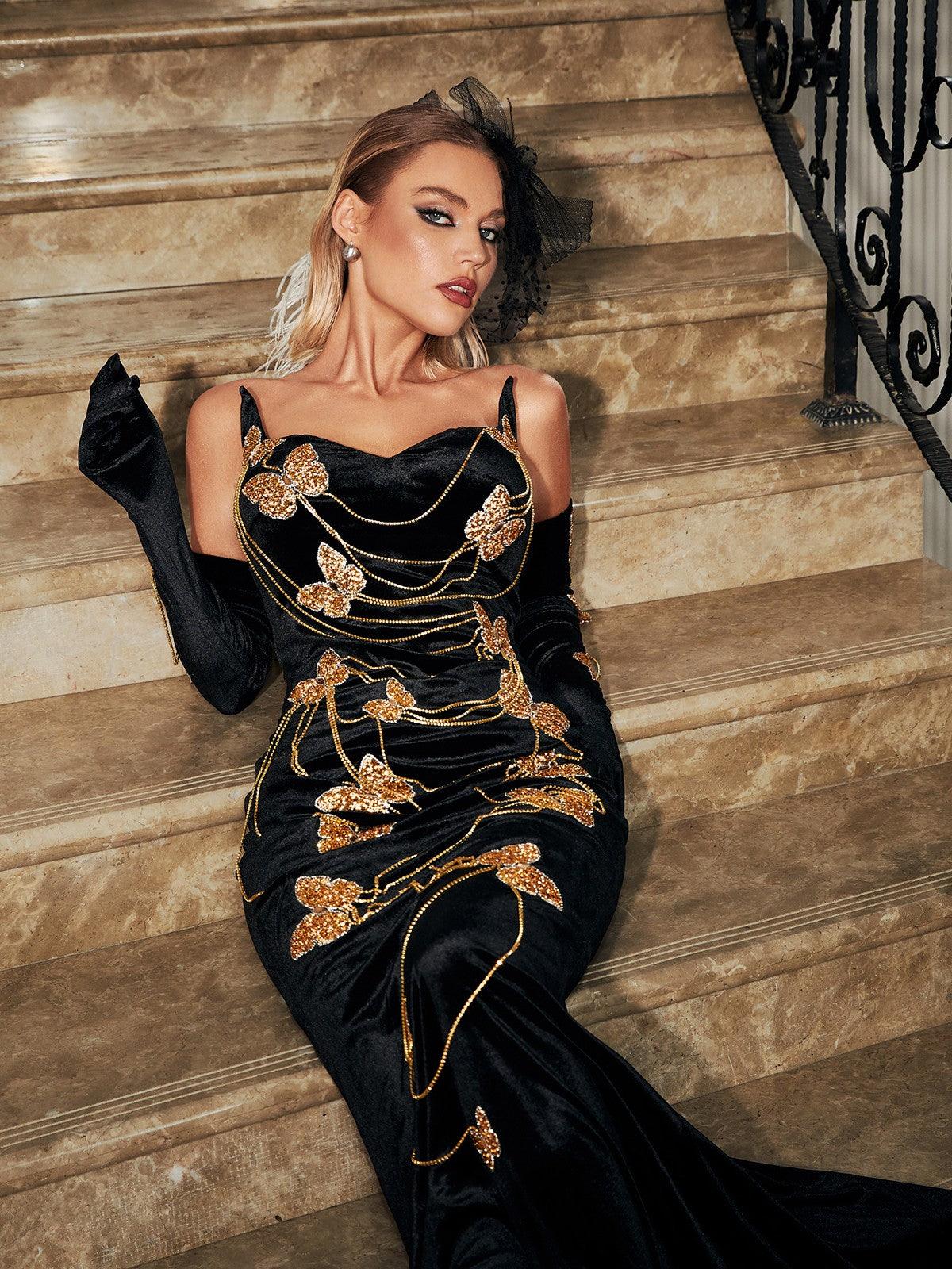 Velvet Strapless Sweetheart Butterfly Chain Embellished Maxi Gown - View 5