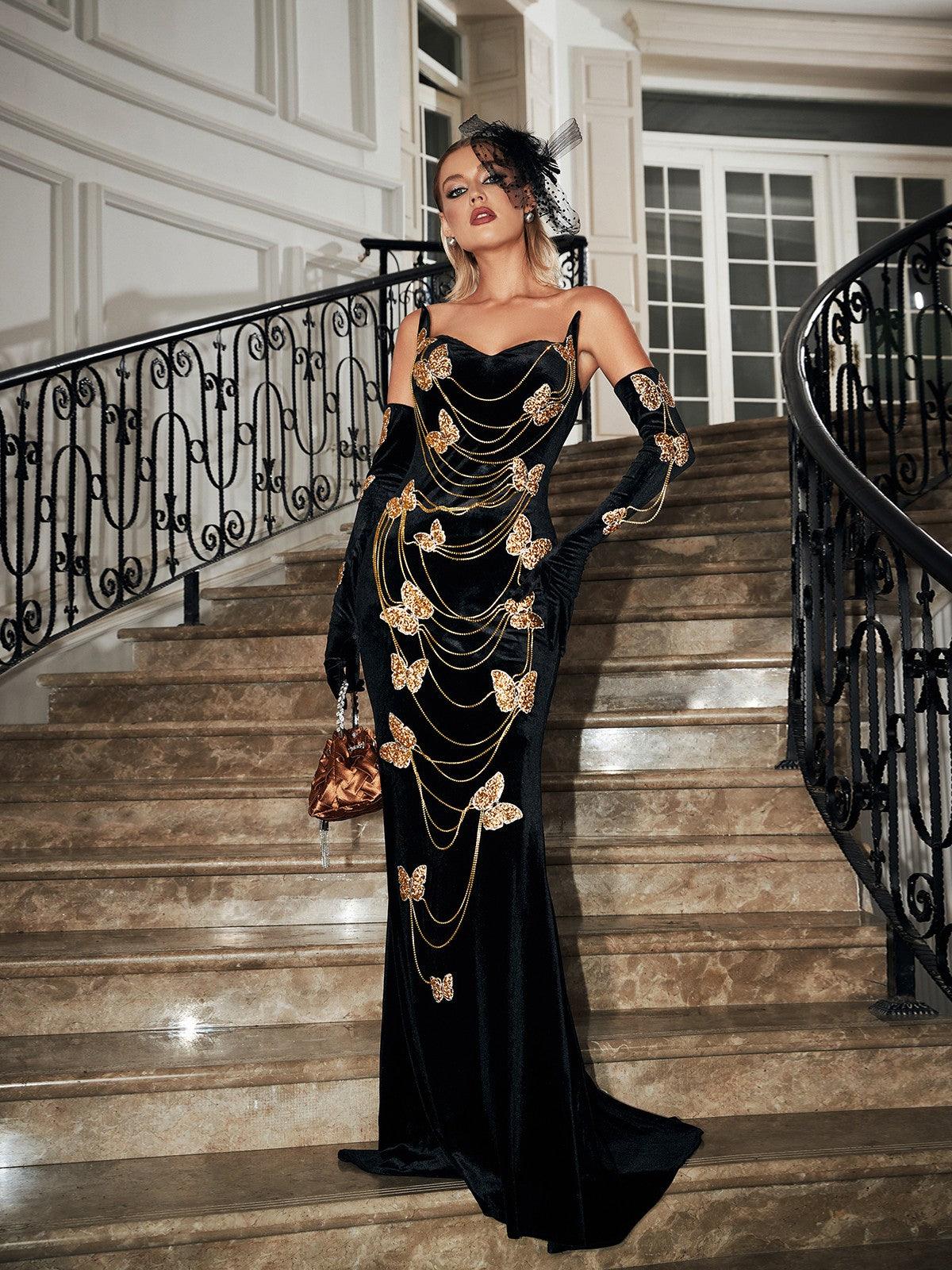 Velvet Strapless Sweetheart Butterfly Chain Embellished Maxi Gown - View 3