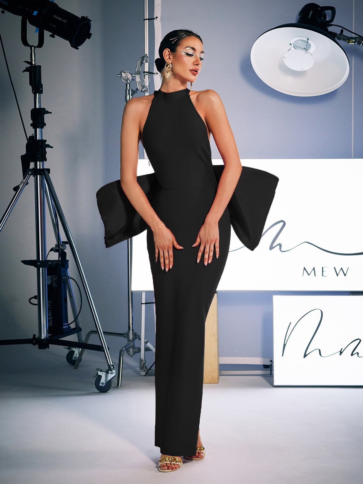 Halter Open Back Bow Detail Peplum Bandage Maxi Gown - View 2