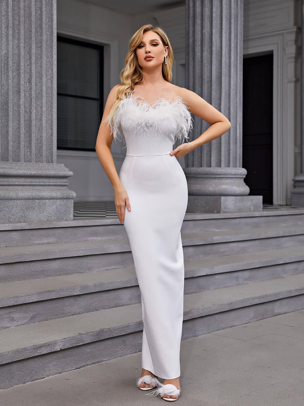 Mina Strapless Feather Trimmed Bandage Dress In White - View 2