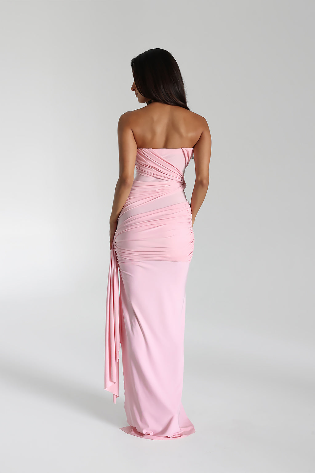 Strapless Twist Front Ruched Drape Overlay Column Maxi Gown - View 3