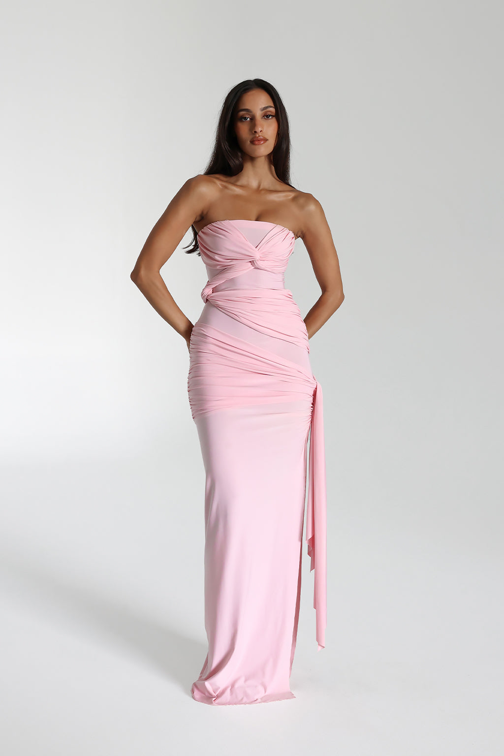 Strapless Twist Front Ruched Drape Overlay Column Maxi Gown