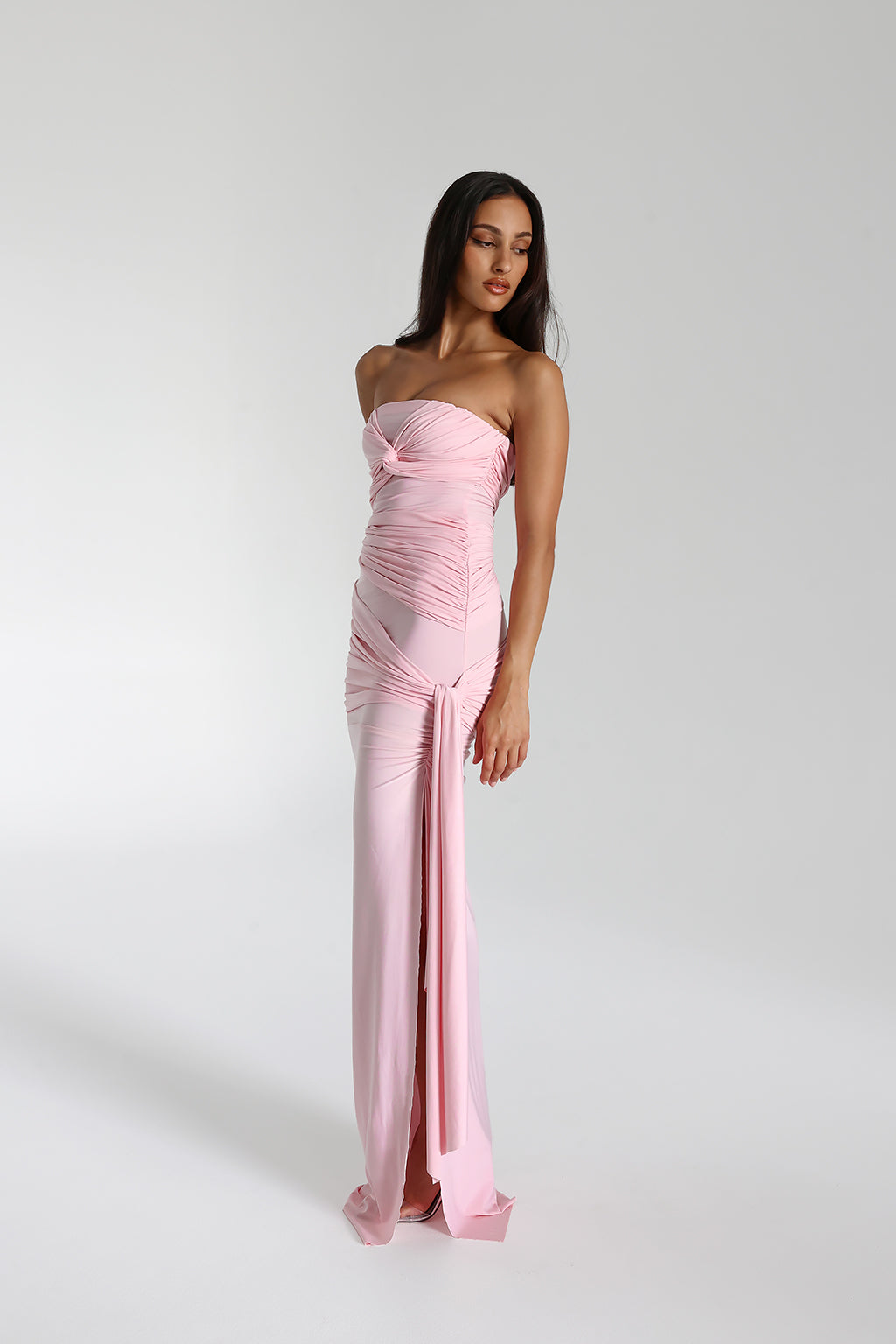 Strapless Twist Front Ruched Drape Overlay Column Maxi Gown - View 2