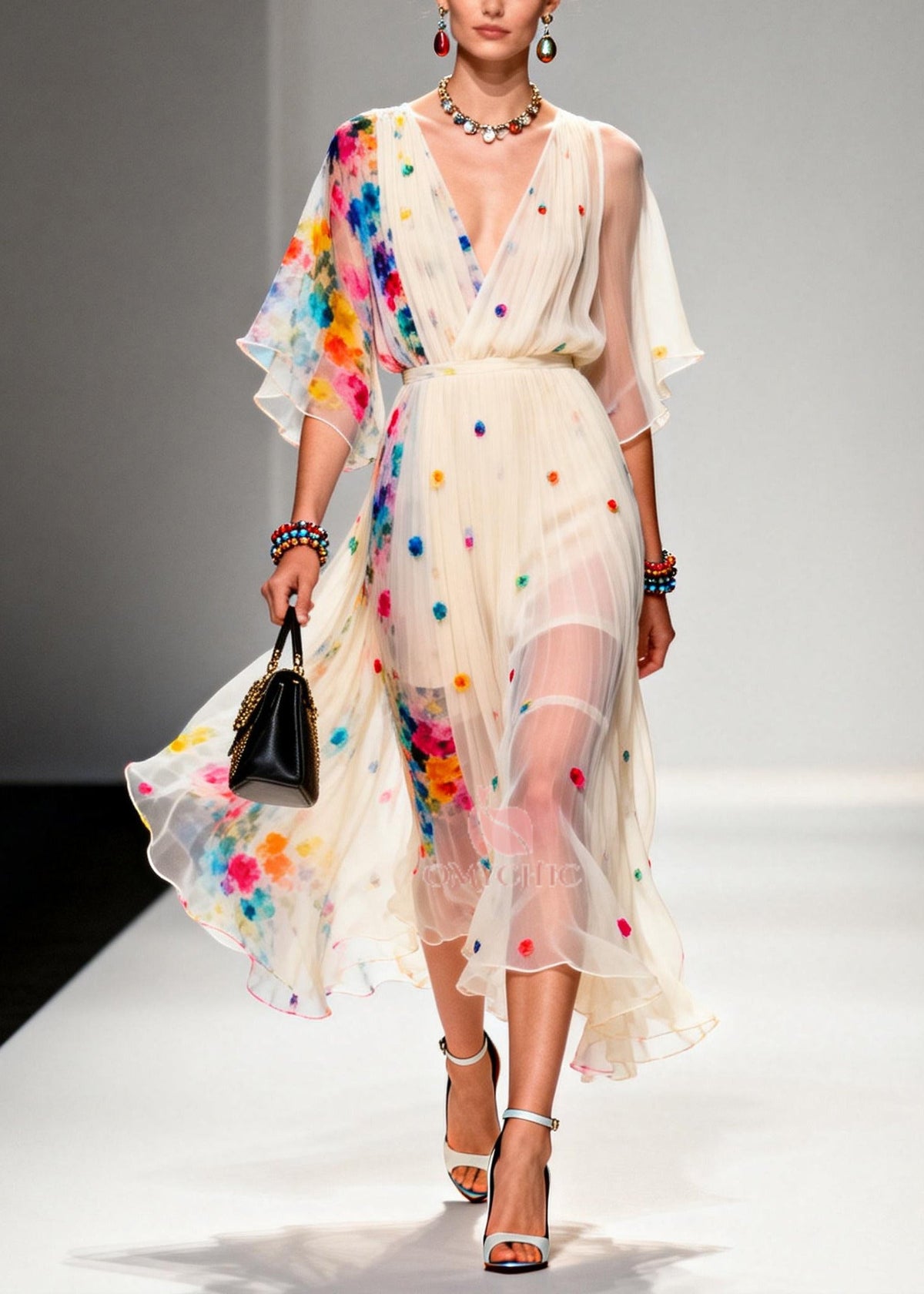 Floral Applique Pleated V-Neck Wrap Bodice Midi Dress - View 3