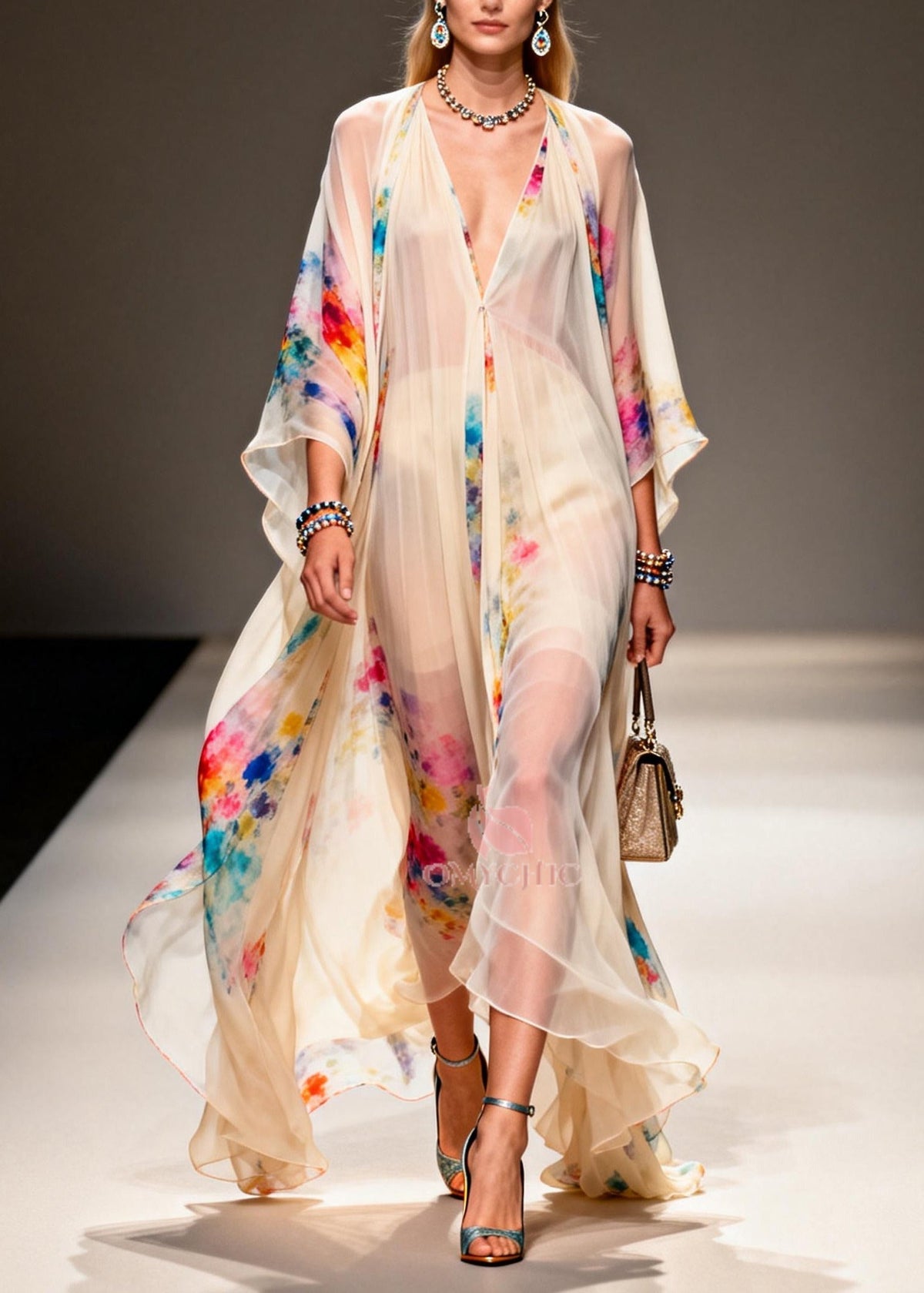 Deep V-Neck Kimono Sleeve Floral Print Chiffon Maxi Dress - View 3
