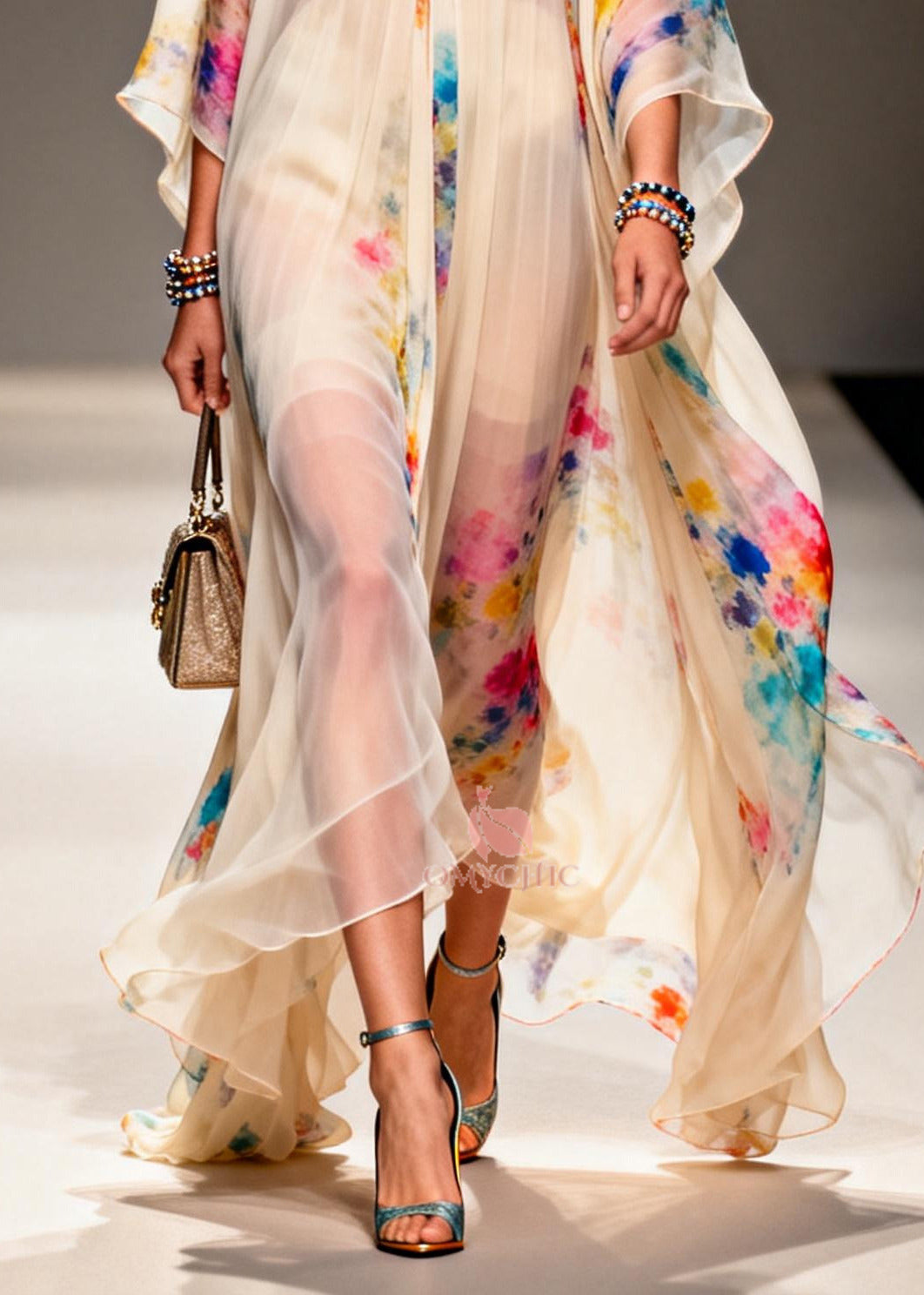 Deep V-Neck Kimono Sleeve Floral Print Chiffon Maxi Dress - View 4