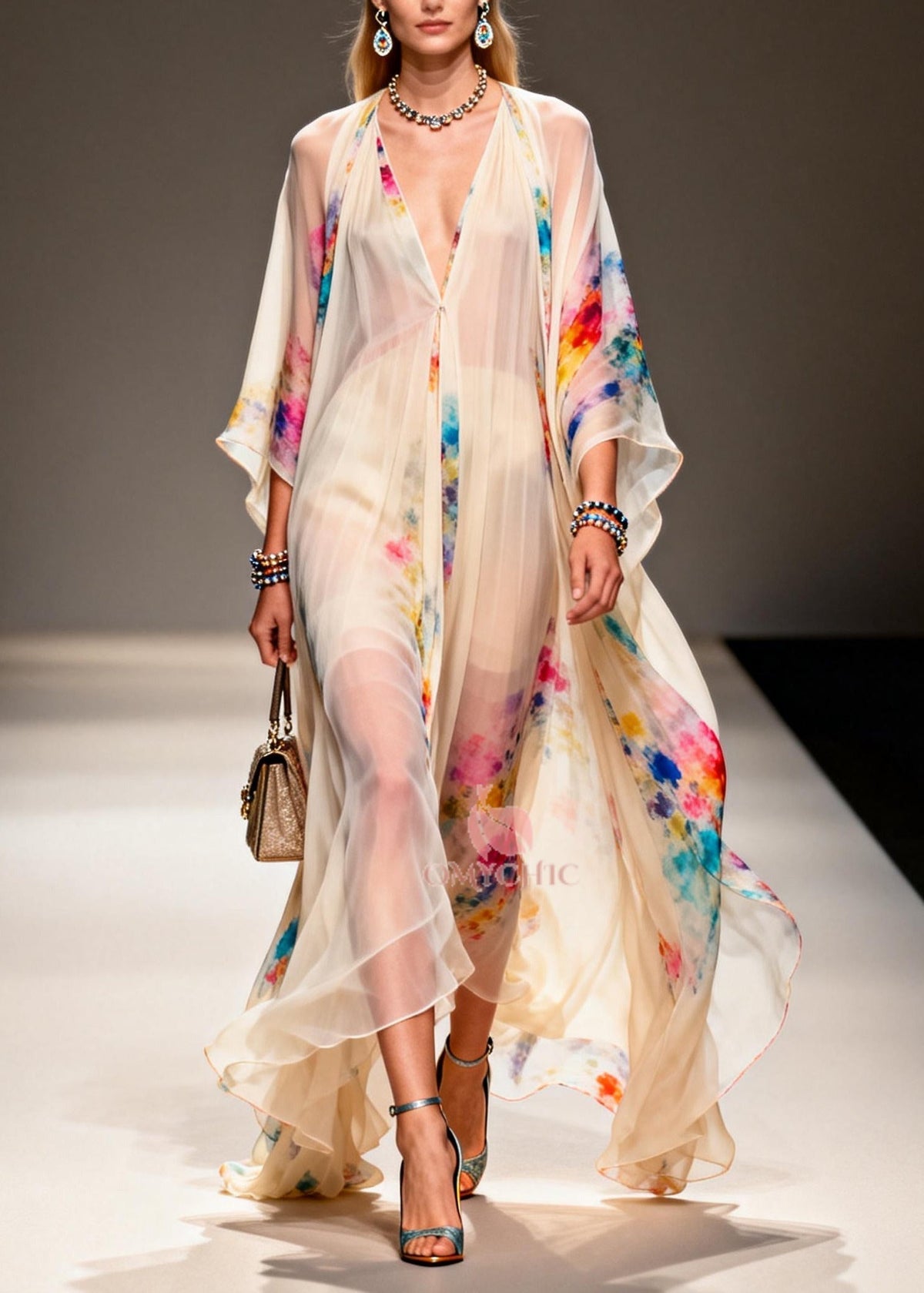 Deep V-Neck Kimono Sleeve Floral Print Chiffon Maxi Dress - View 5