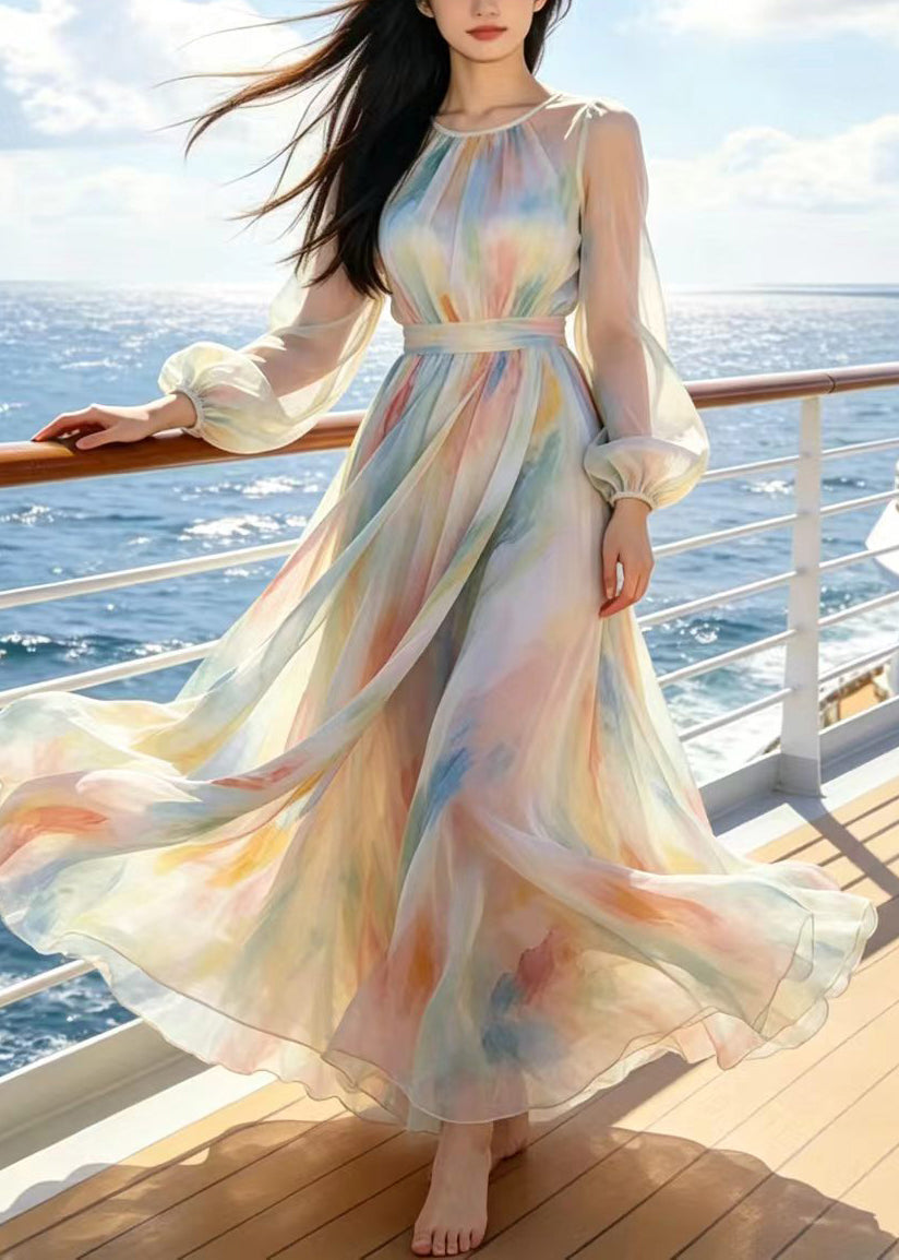 Tie Dye Crew Neck Long Sleeve Belted Chiffon Maxi Dress