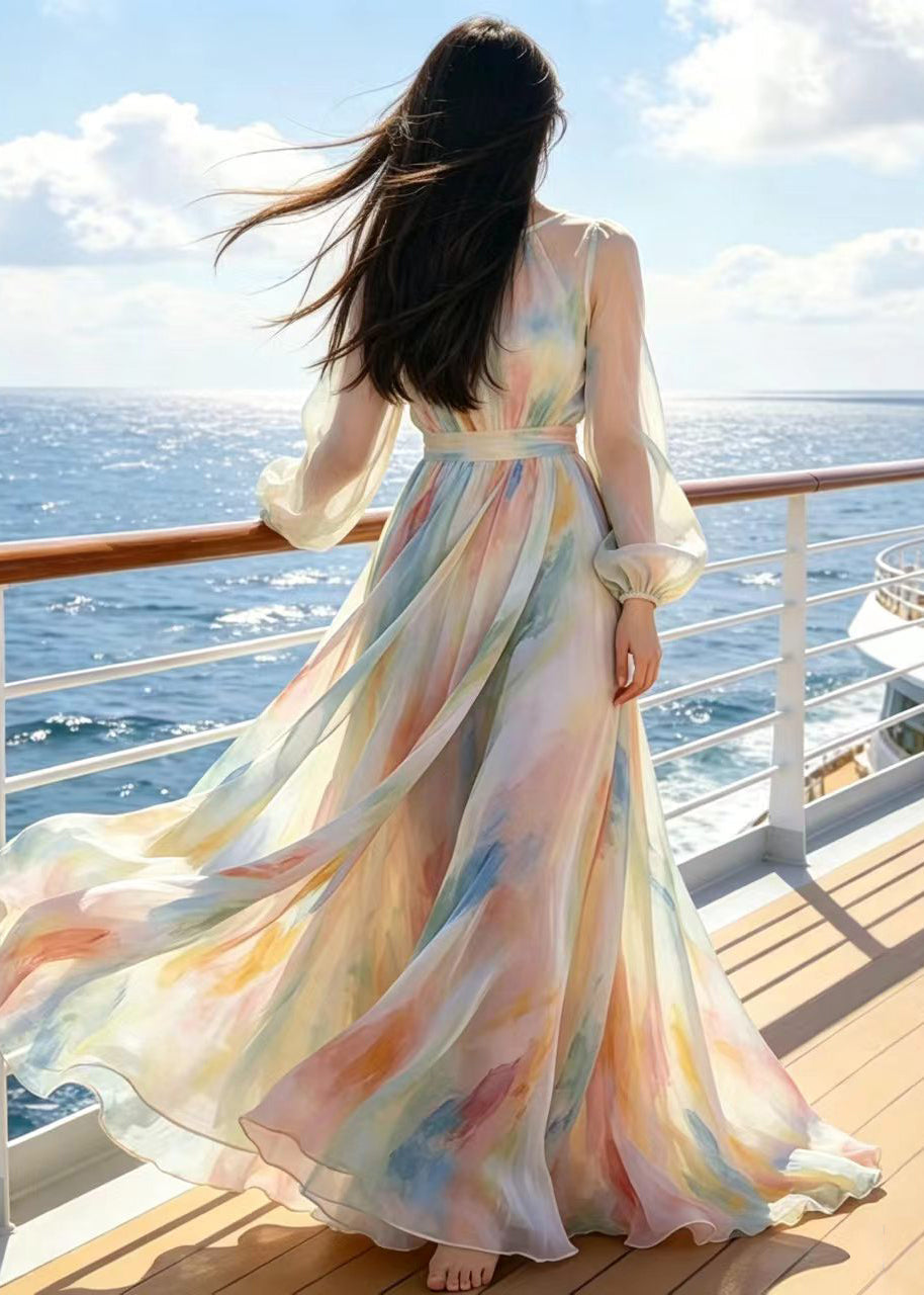 Tie Dye Crew Neck Long Sleeve Belted Chiffon Maxi Dress - View 4