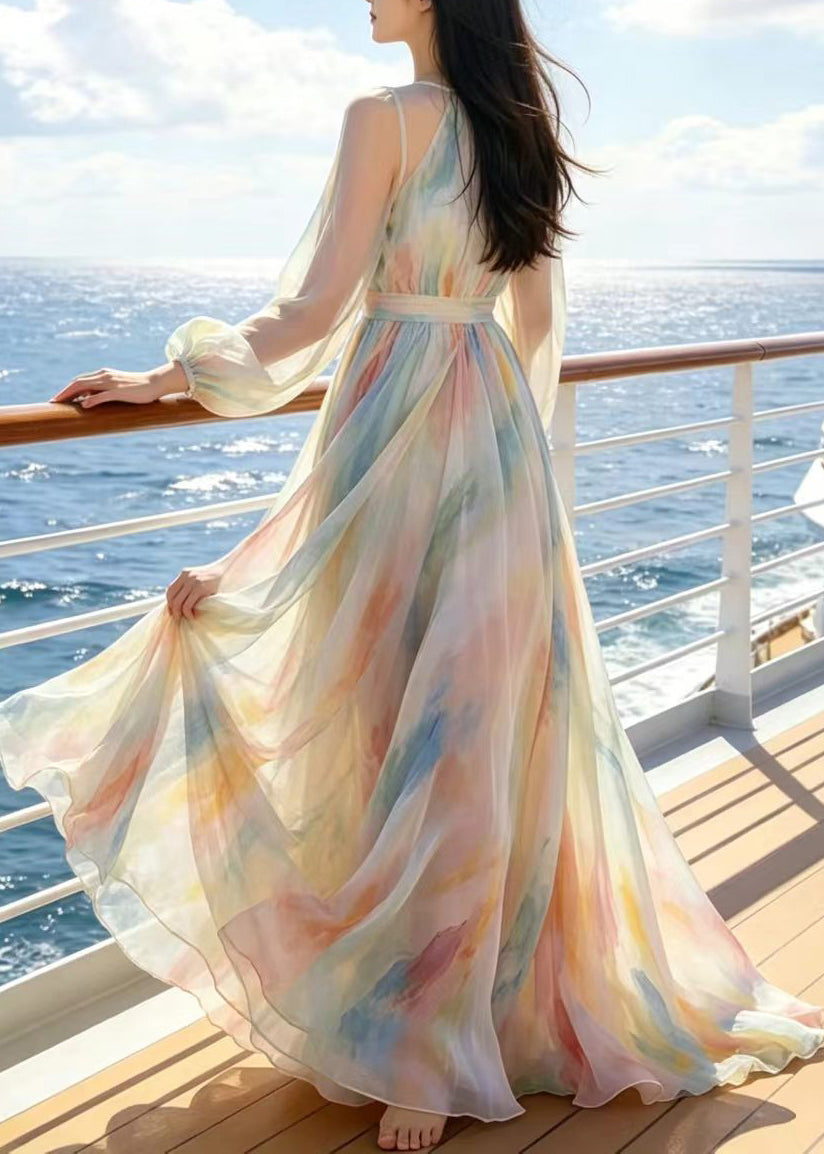 Tie Dye Crew Neck Long Sleeve Belted Chiffon Maxi Dress - View 5