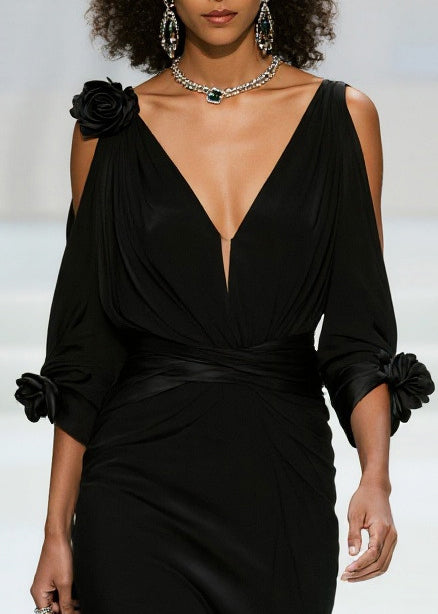 Deep V-Neck Cold Shoulder Rosette Cuff Draped Wrap Waist Train Gown - View 2