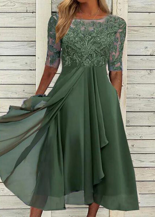 Modern Blue O Neck Ruffled Lace Patchwork Chiffon Dress Summer - View 2