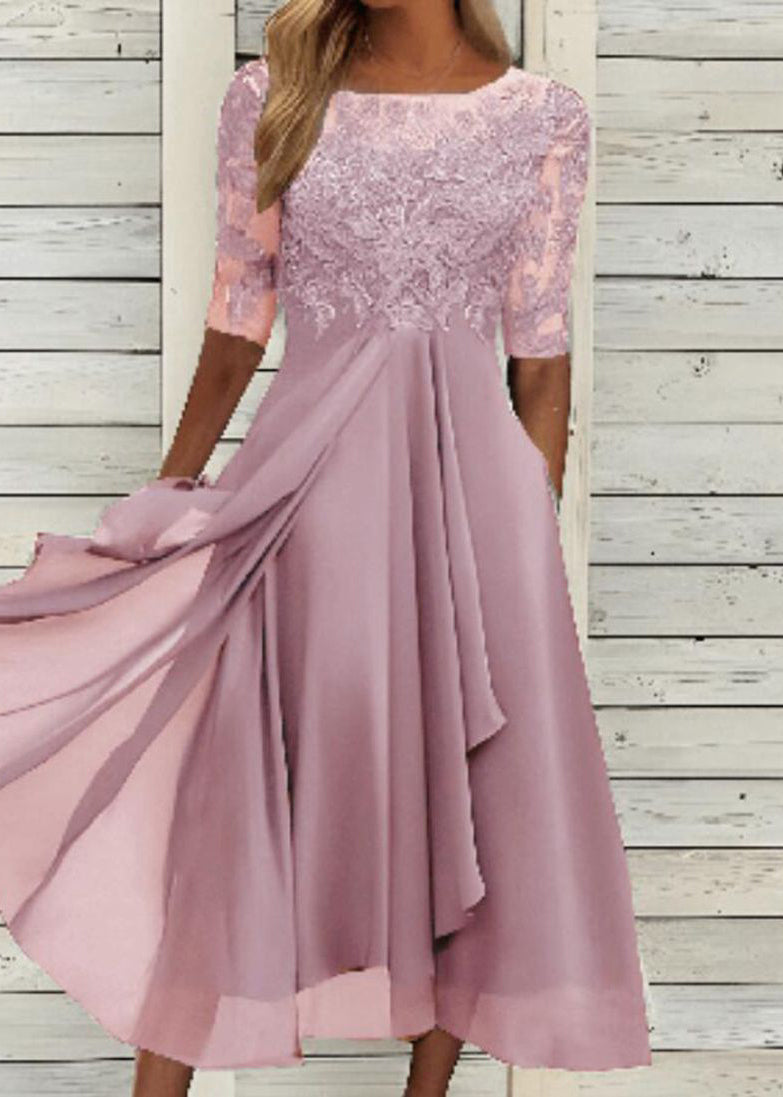 Modern Blue O Neck Ruffled Lace Patchwork Chiffon Dress Summer - View 5