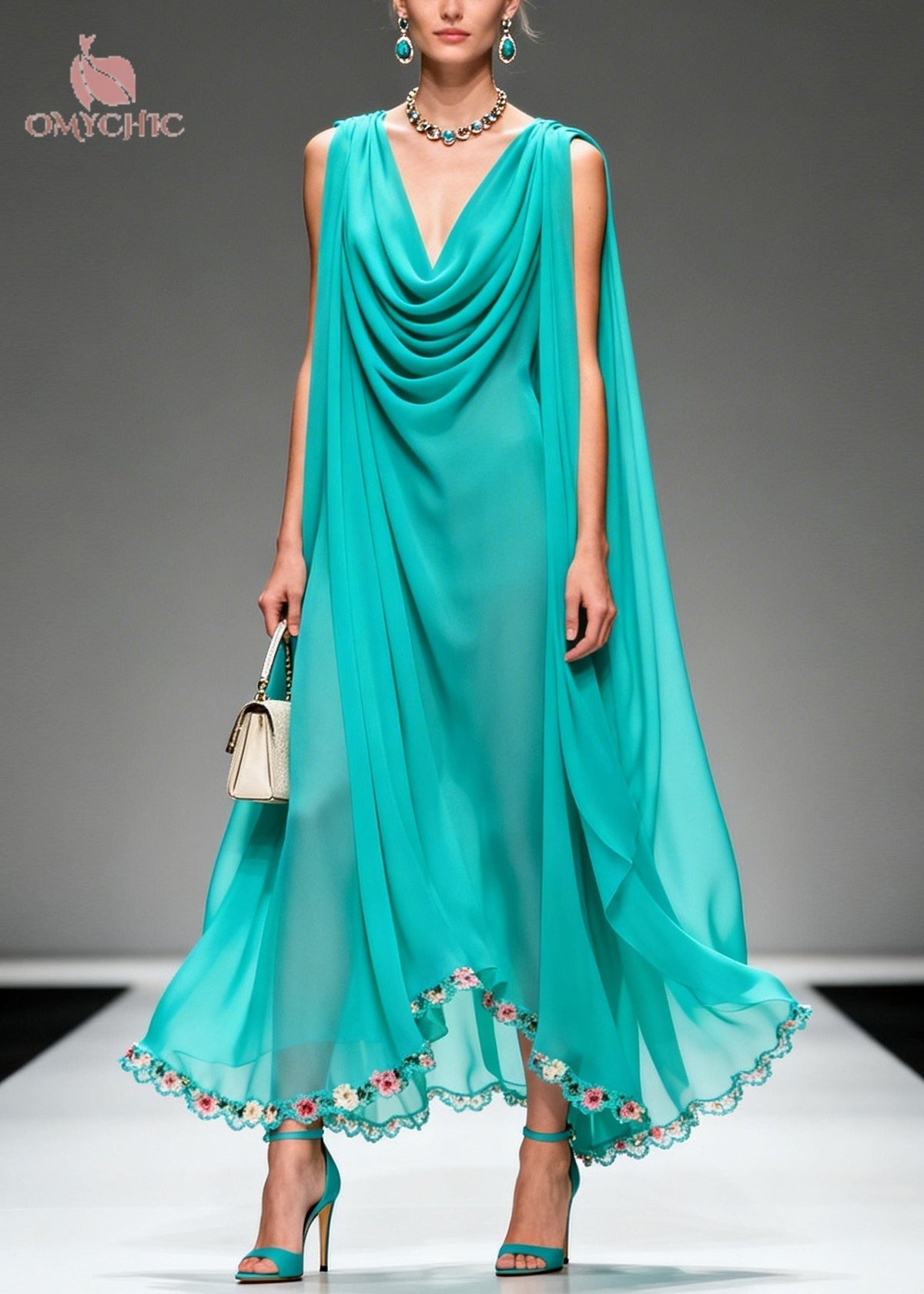 Cowl Neck Sleeveless Cape Overlay Scalloped Floral Hem Maxi Gown - View 3