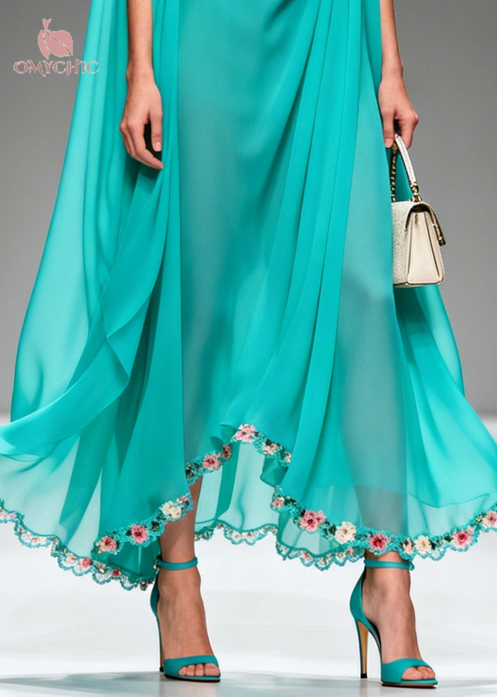 Cowl Neck Sleeveless Cape Overlay Scalloped Floral Hem Maxi Gown - View 4
