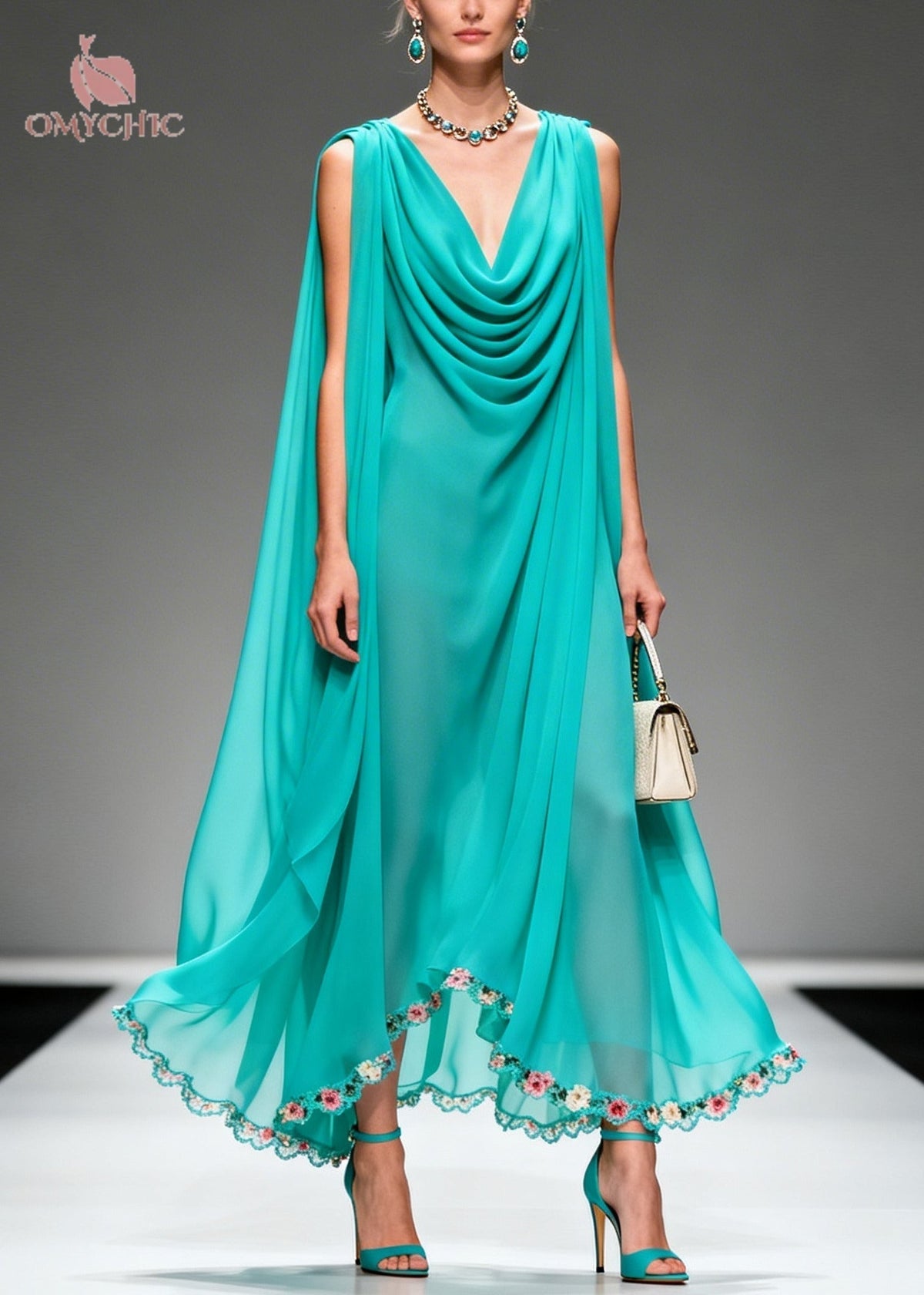 Cowl Neck Sleeveless Cape Overlay Scalloped Floral Hem Maxi Gown - View 5