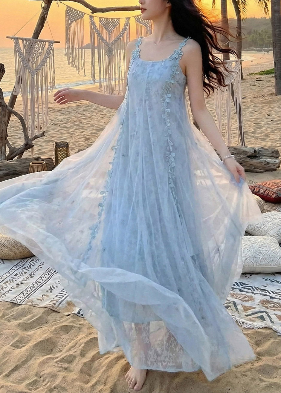 Tulle Spaghetti Strap Square Neck 3D Floral A-Line Maxi Dress