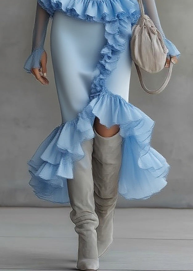 Modern Blue Turtleneck Ruffled Tulle Patchwork Long Dress Flare Sleeve - View 4