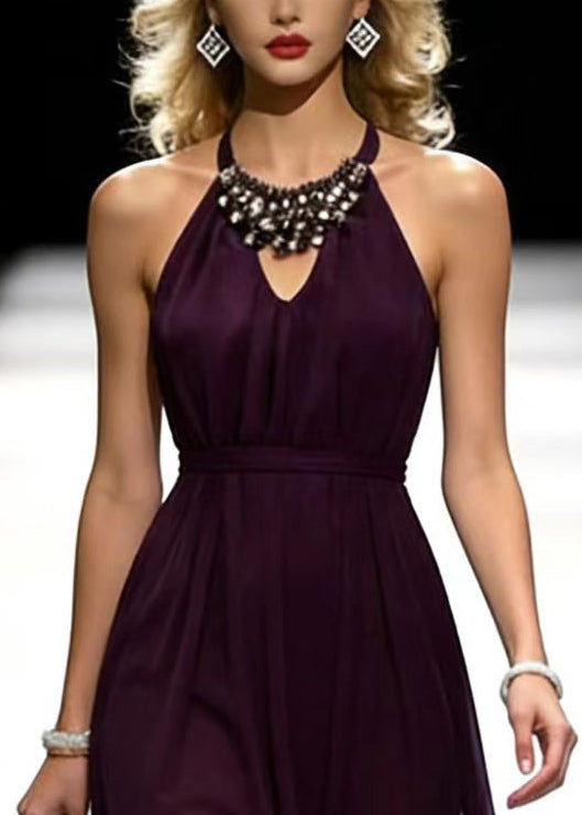 Halter Neck Cold Shoulder Rhinestone Collar Belted Chiffon Maxi Gown - View 2