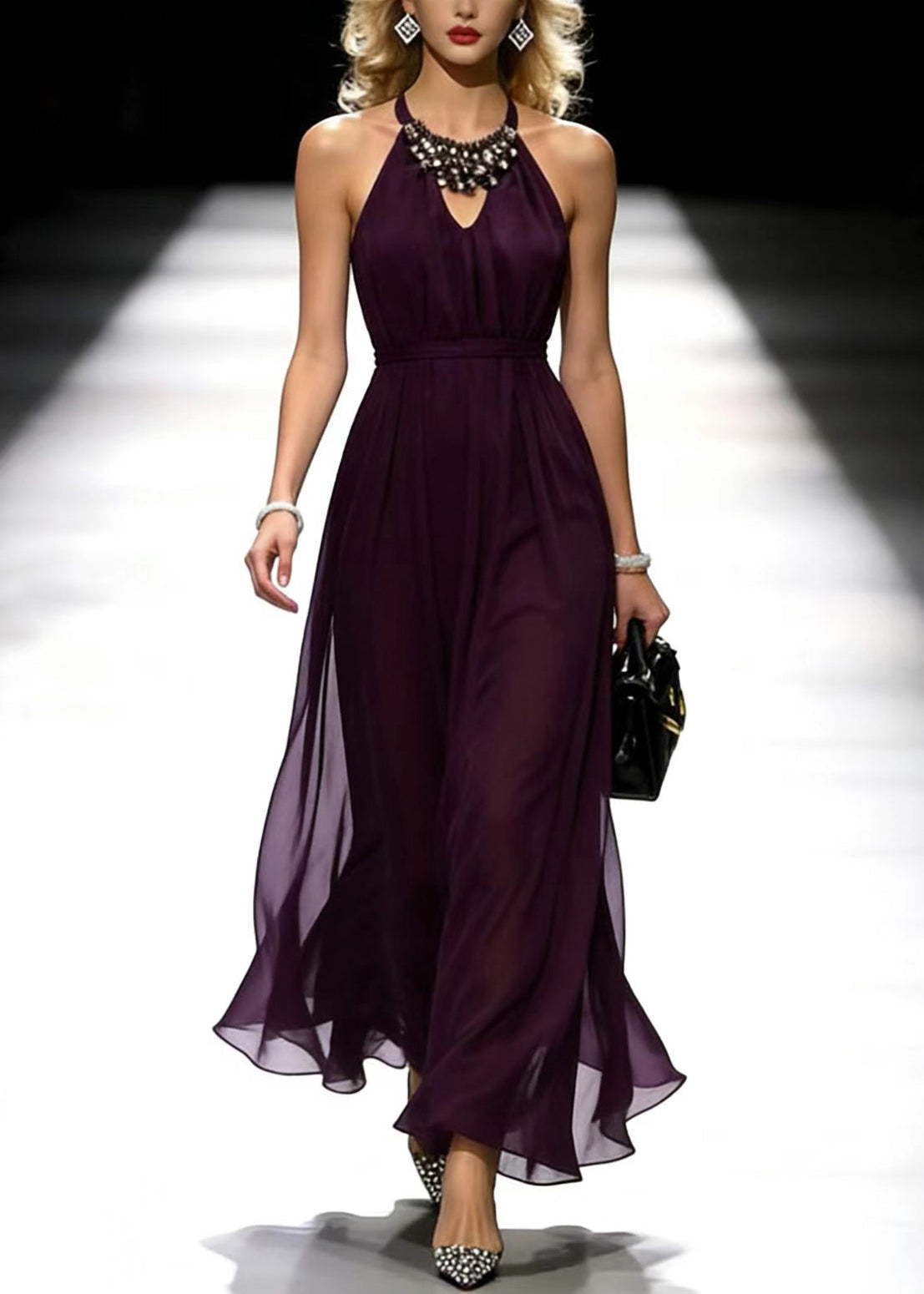 Halter Neck Cold Shoulder Rhinestone Collar Belted Chiffon Maxi Gown - View 3