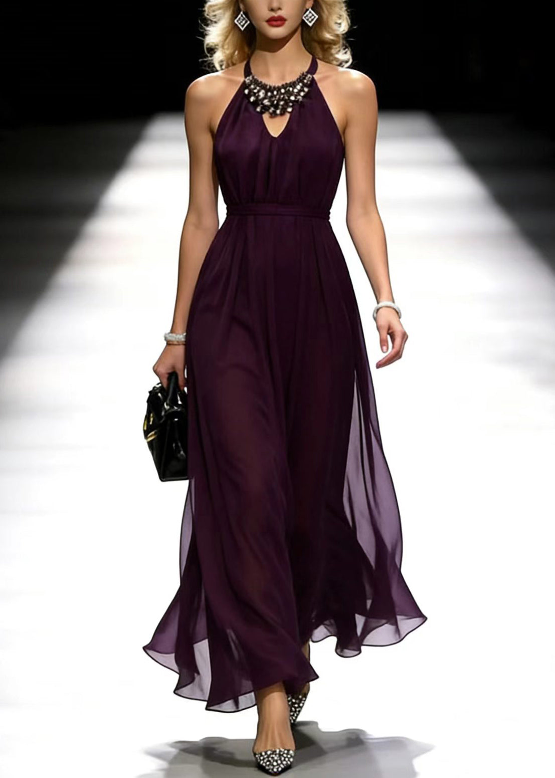 Halter Neck Cold Shoulder Rhinestone Collar Belted Chiffon Maxi Gown - View 5
