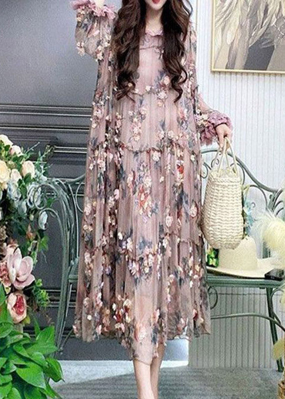 Modern Embroidered Floral Ruffled Tulle Long Dress Lantern Sleeve - View 2