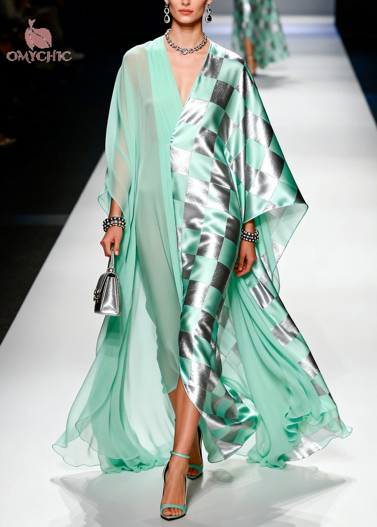 Check Print Patchwork Deep V-Neck Batwing Sleeve Maxi Gown - View 3