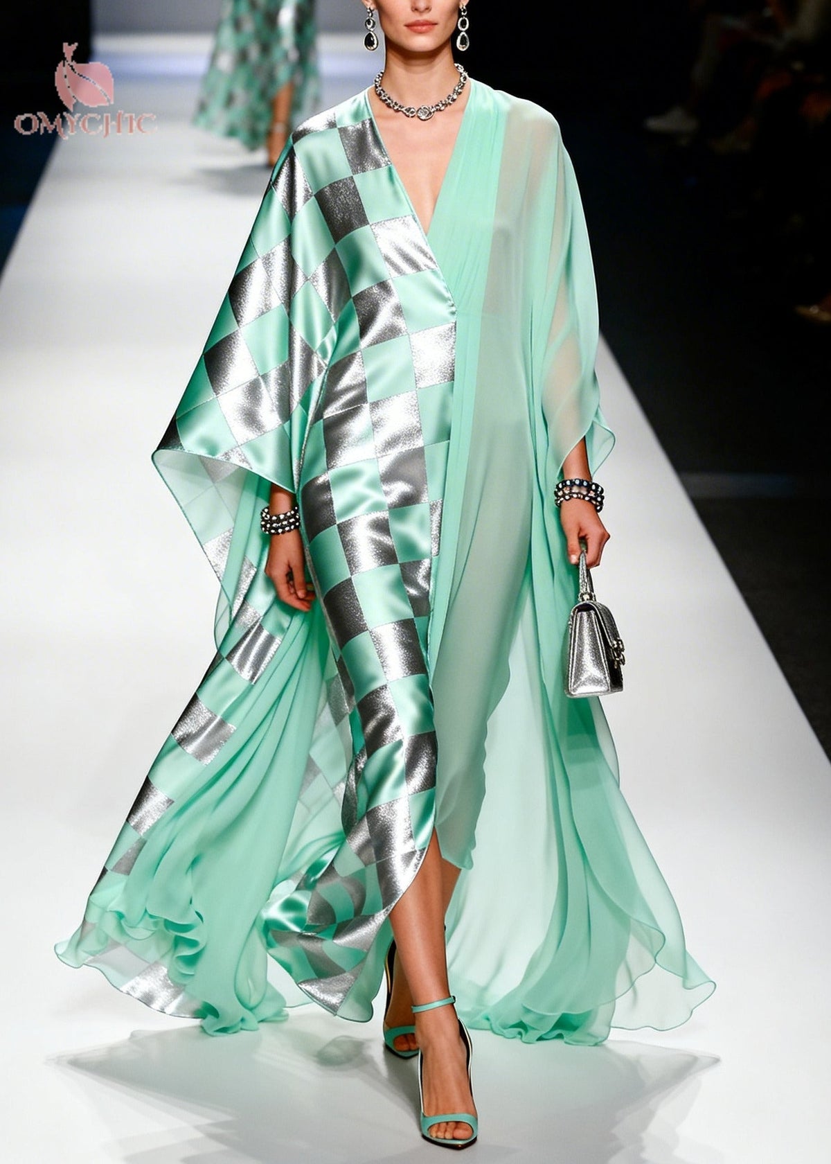 Check Print Patchwork Deep V-Neck Batwing Sleeve Maxi Gown - View 5