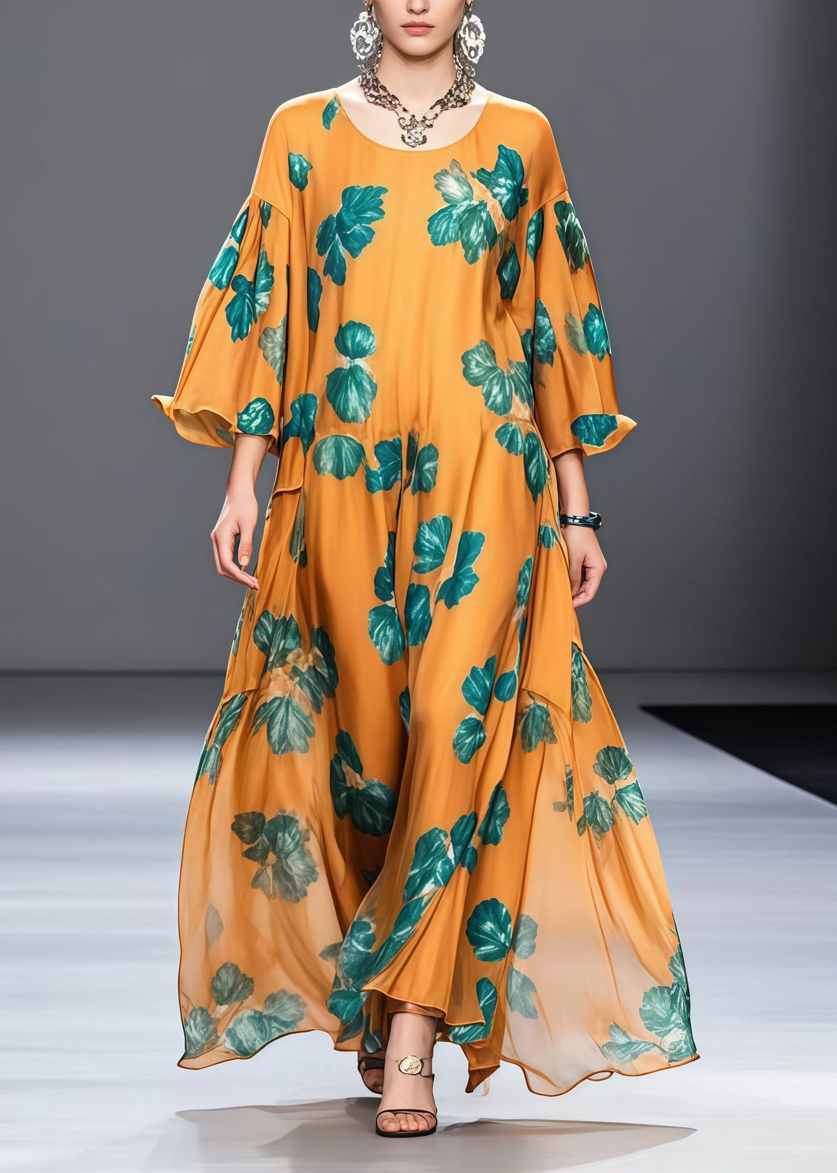 Modern Orange Oversized Print Chiffon Maxi Dresses Summer - View 5
