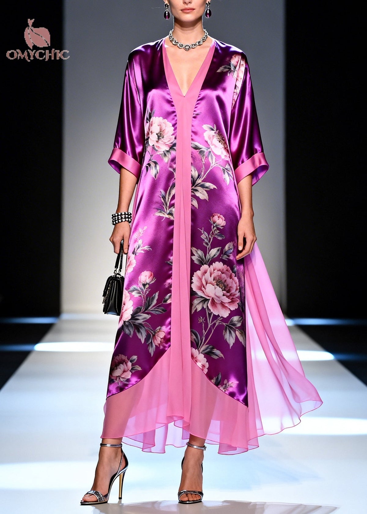 Floral Print Deep V-Neck Contrast Trim Sheer Layered Kaftan Maxi Dress - View 5