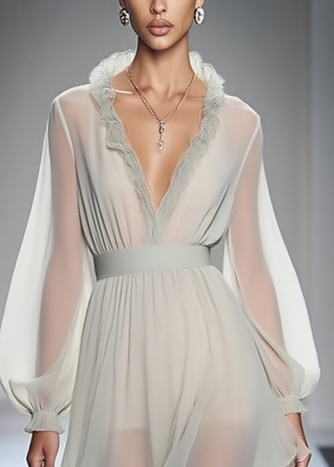 Modern Ruffled Patchwork Solid Chiffon Mid Dress Lantern Sleeve - View 2