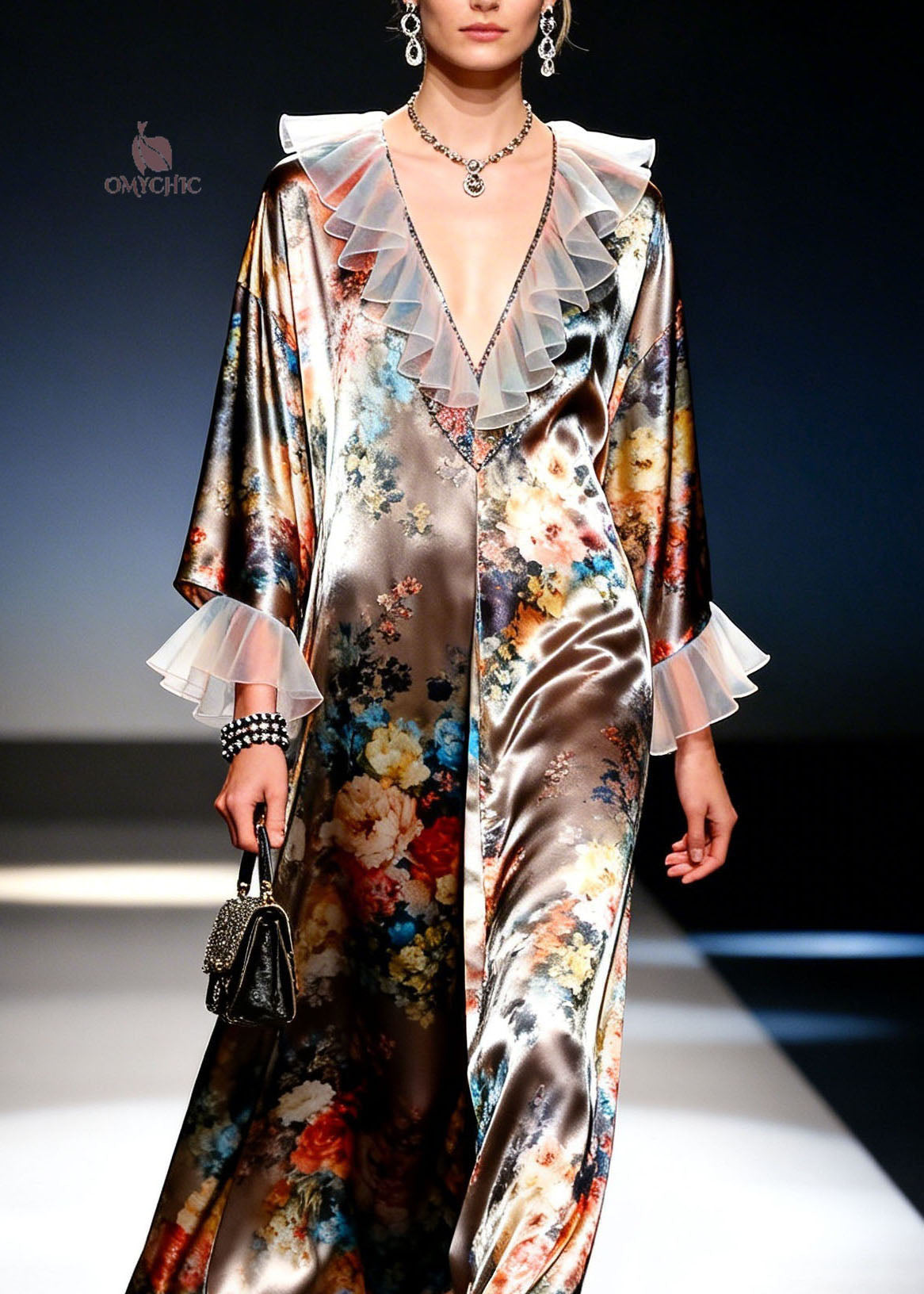 Floral Print Satin Deep V-Neck Organza Ruffle Trim Maxi Dress - View 2
