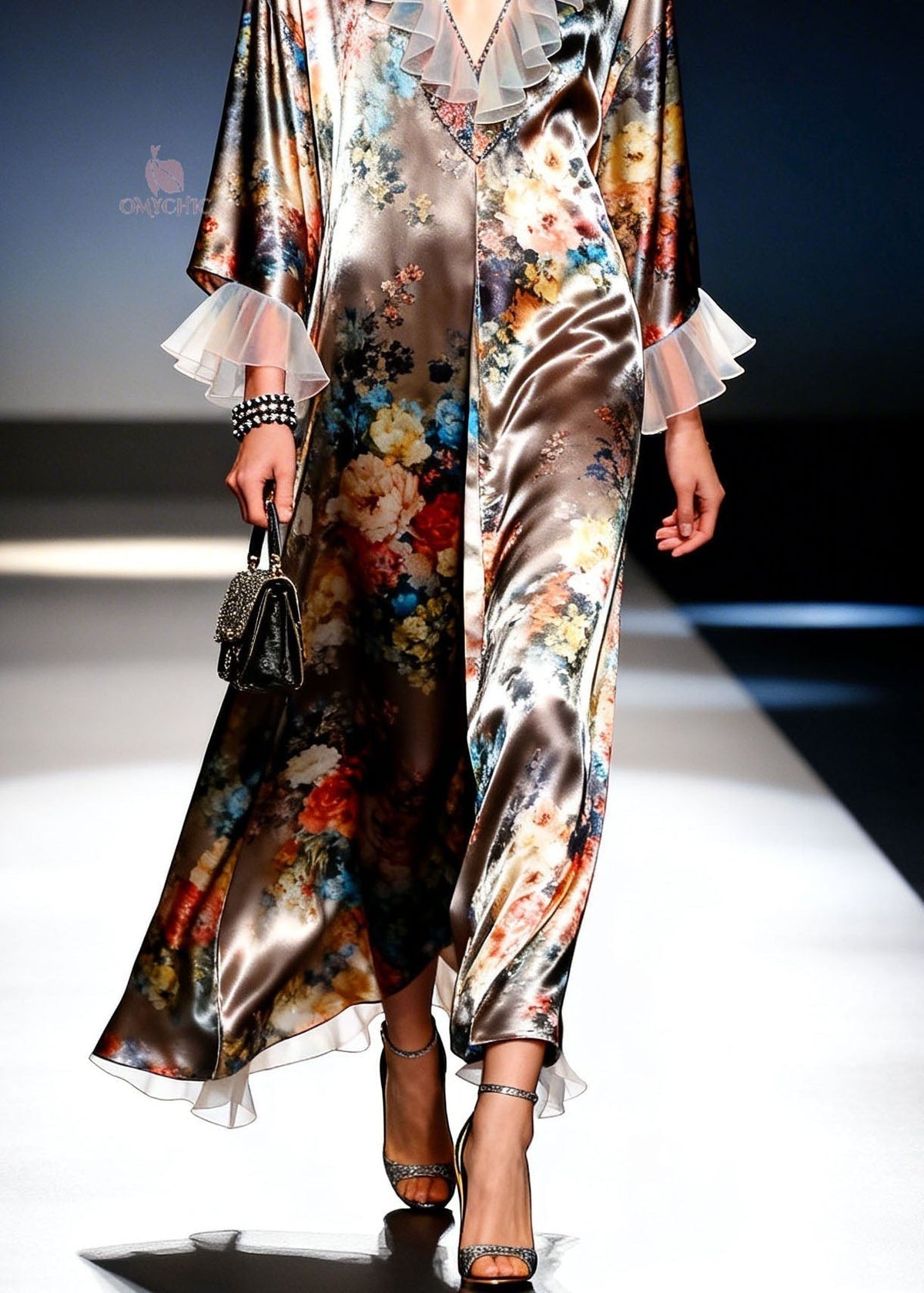 Floral Print Satin Deep V-Neck Organza Ruffle Trim Maxi Dress - View 4