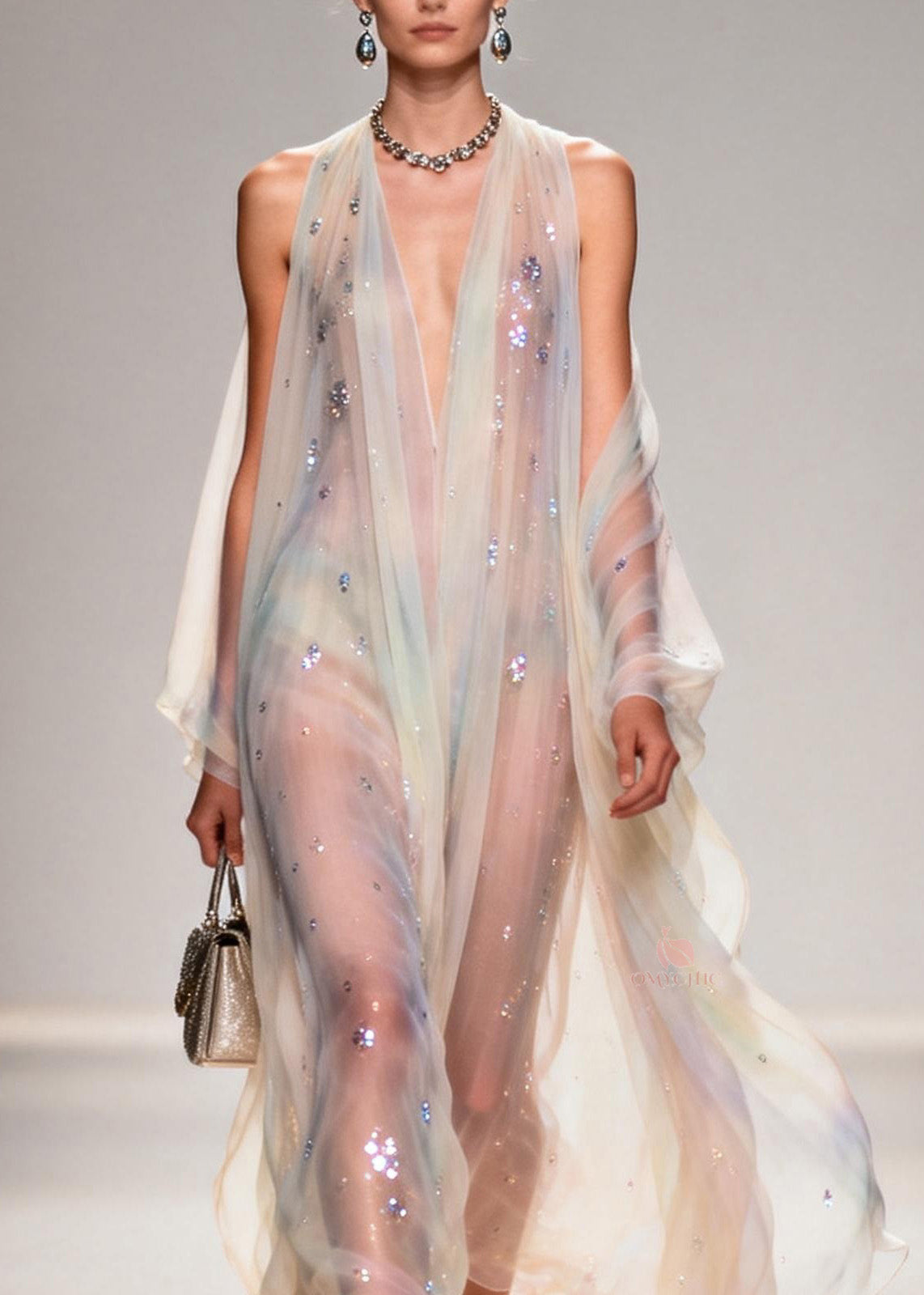 Sequin Scatter Deep V-Neck Sleeveless Cape Panel Sheer Maxi Gown - View 2