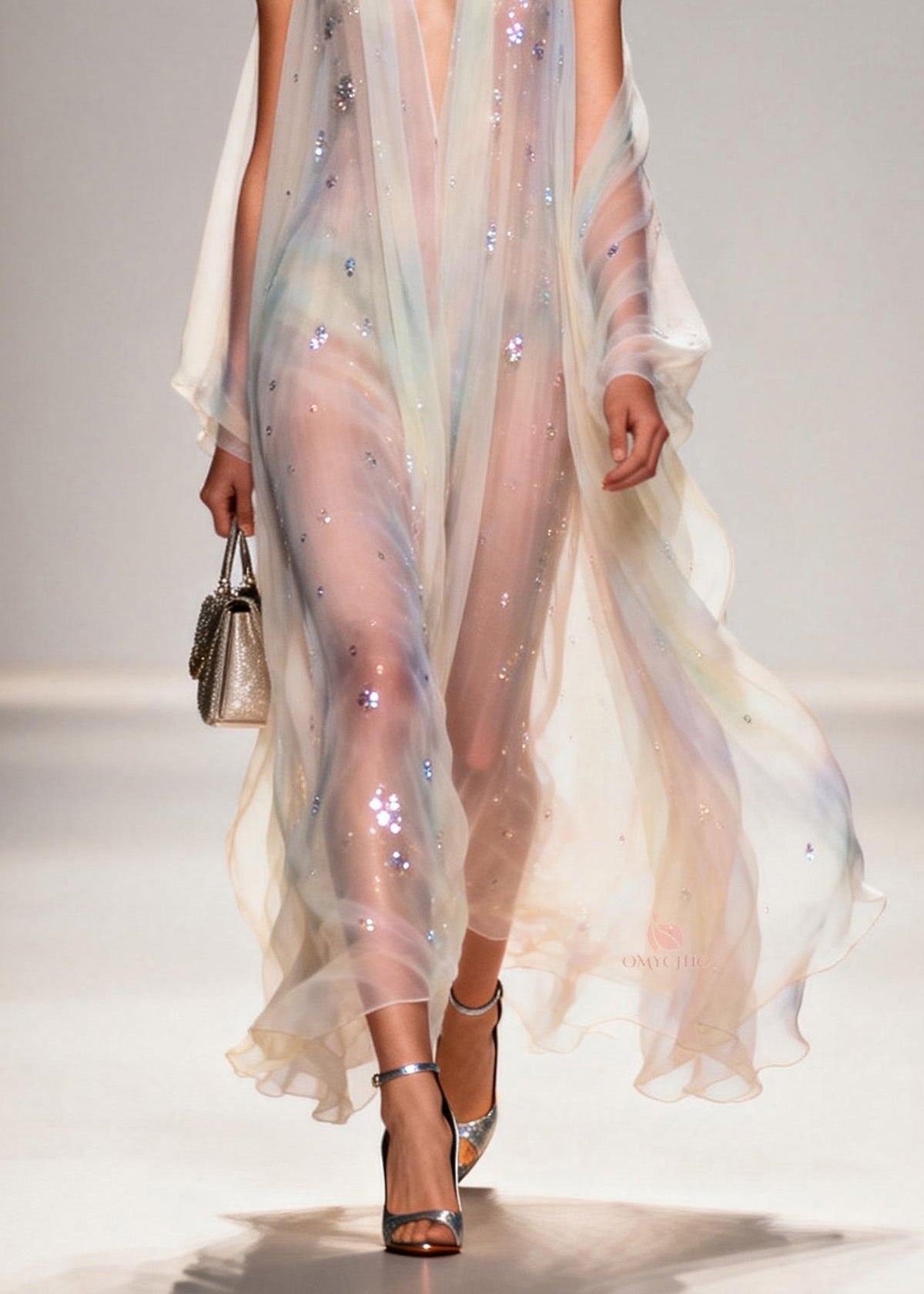 Sequin Scatter Deep V-Neck Sleeveless Cape Panel Sheer Maxi Gown - View 4